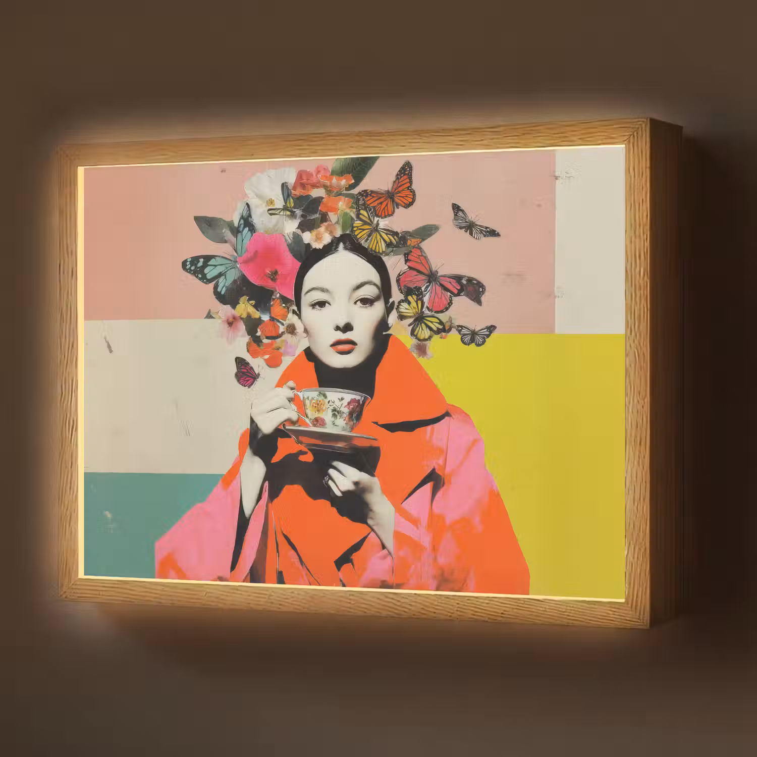 Retro - Vrouw - Kopje - Vlinders Light Box met batterij (Wandlamp) middel -z3d_website