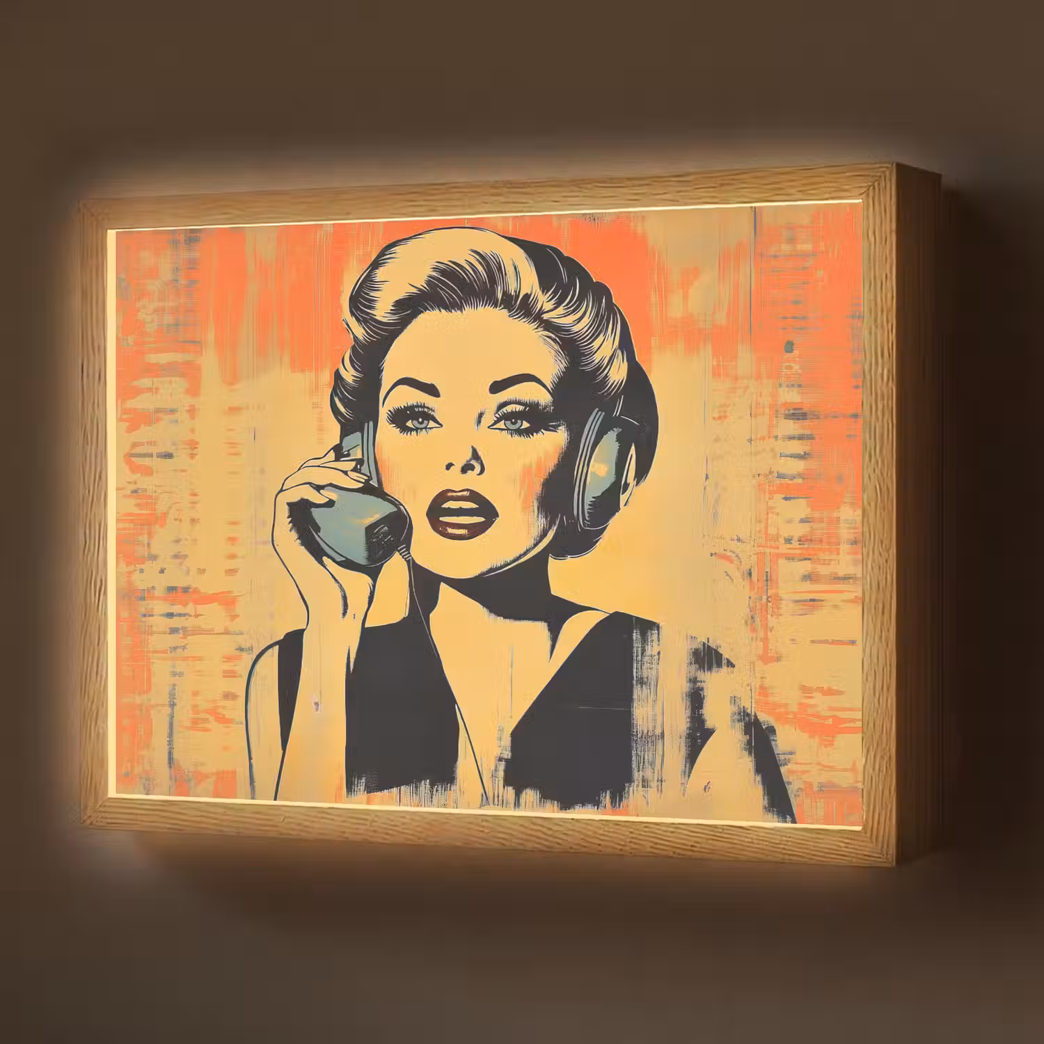 Retro - Vrouw - Koptelefoon - Oranje Light Box met batterij (Wandlamp) middel -z3d_website