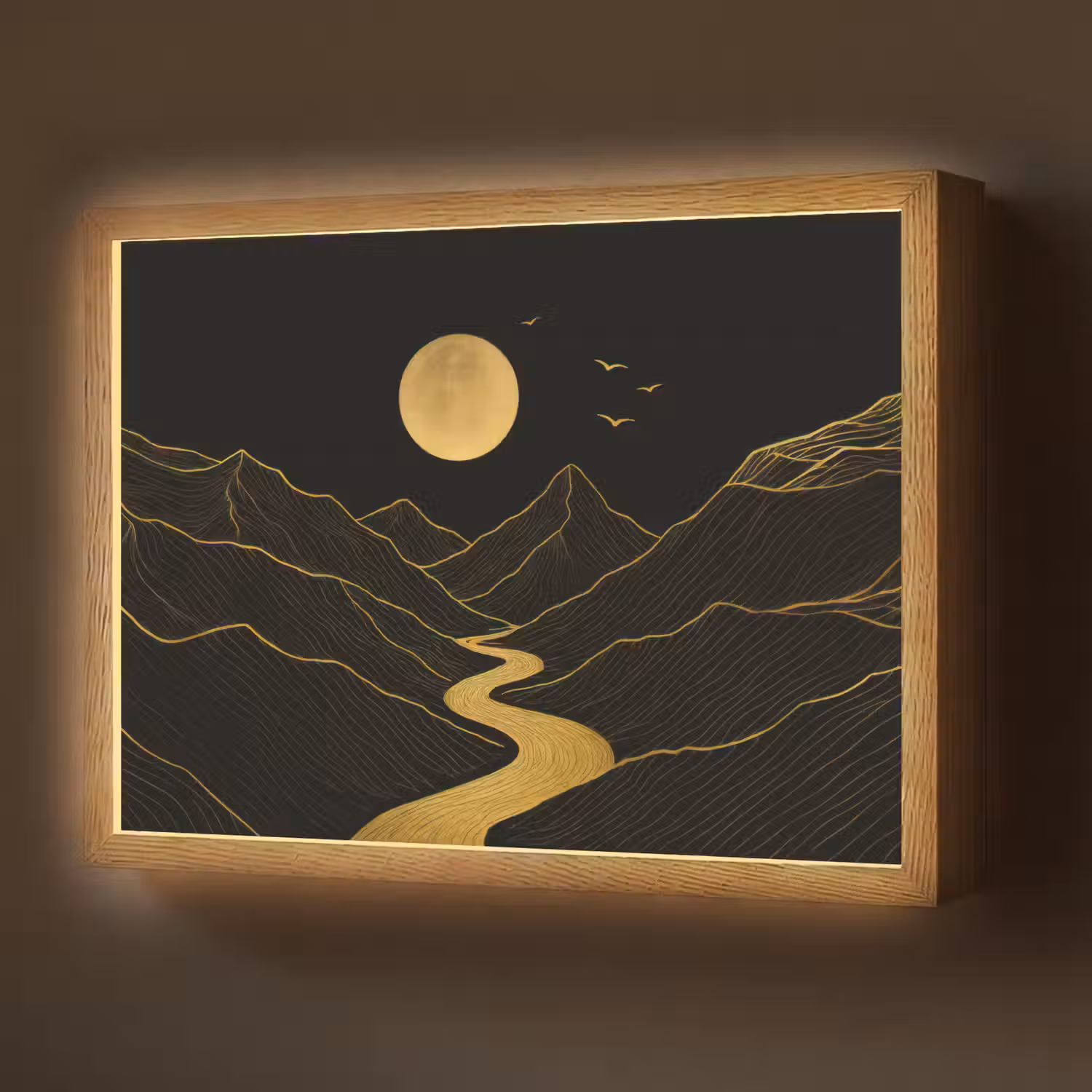 Rivier - Goud - Maan - Vogels Light Box met batterij (Wandlamp) middel -z3d_website