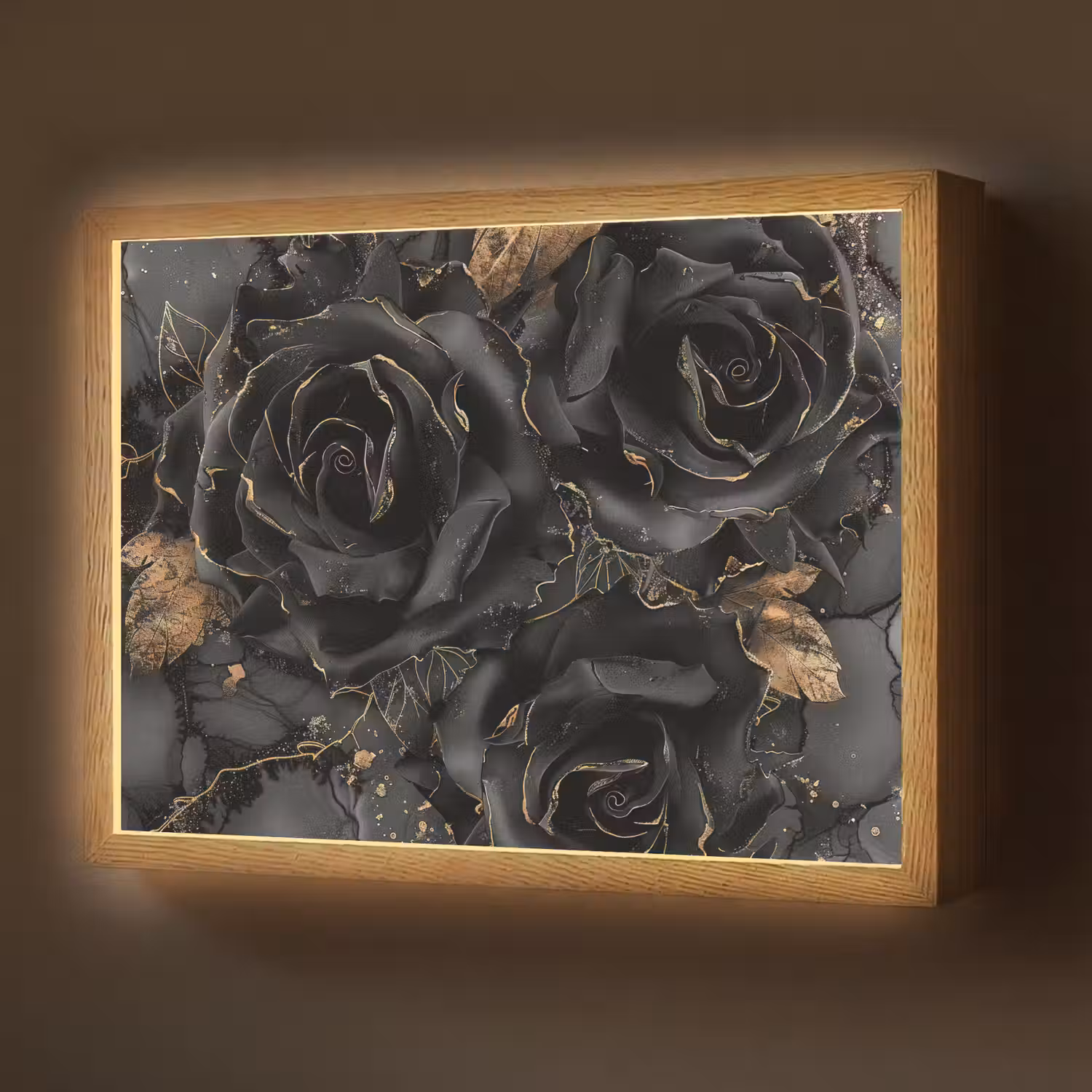 Rozen - Zwart - Bloemen - Goud Light Box met batterij (Wandlamp) middel -z3d_website