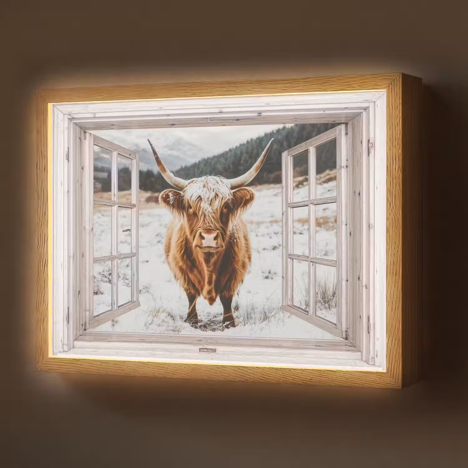Schotse Hooglander - Winterlandschap - Landelijk - Bergen - Doorkijk Light Box met batterij (Wandlamp) middel -z3d_website