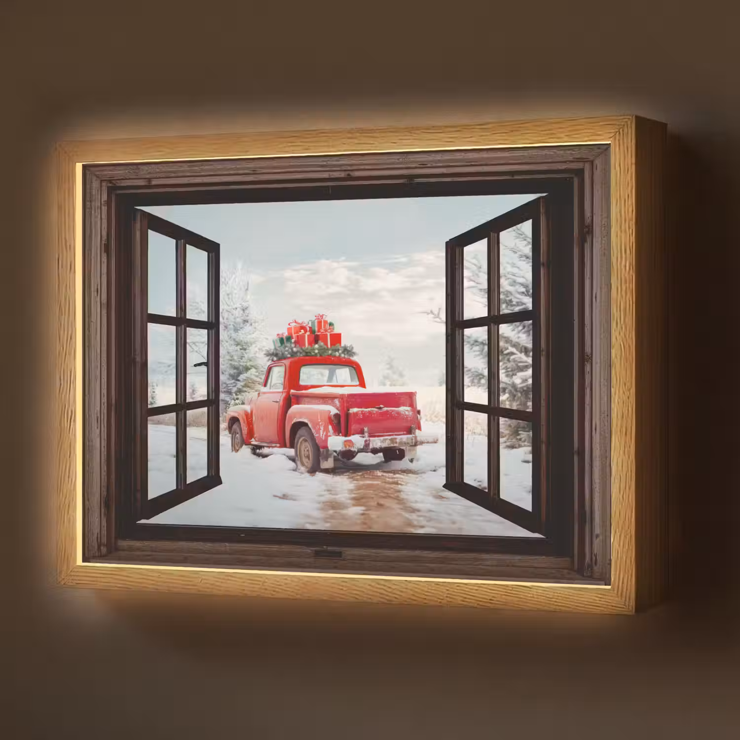 Doorkijk - Auto - Rood - Cadeaus - Winterlandschap - Kerst Light Box met batterij (Wandlamp) middel -z3d_website