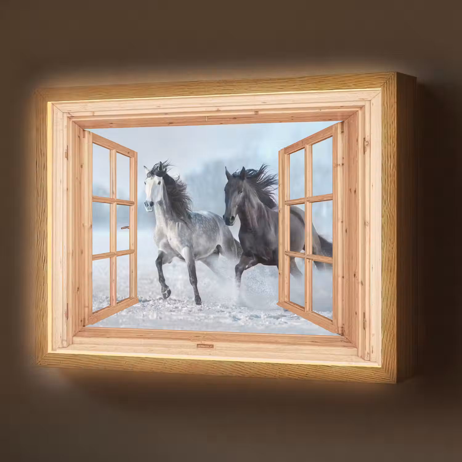 Doorkijk - Paarden - Winter - Dieren - Natuur - Hout Light Box met batterij (Wandlamp) middel -z3d_website
