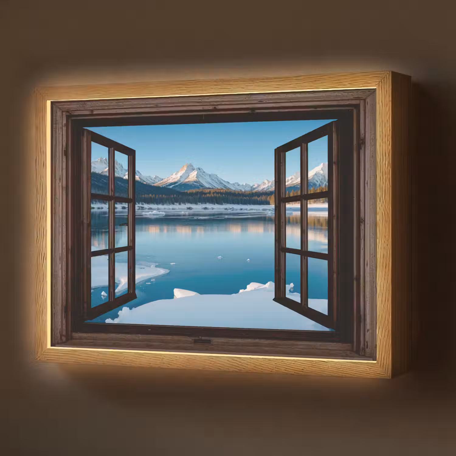 Doorkijk - Winterlandschap - Meer - Bergen - Uitzicht Light Box met batterij (Wandlamp) middel -z3d_website