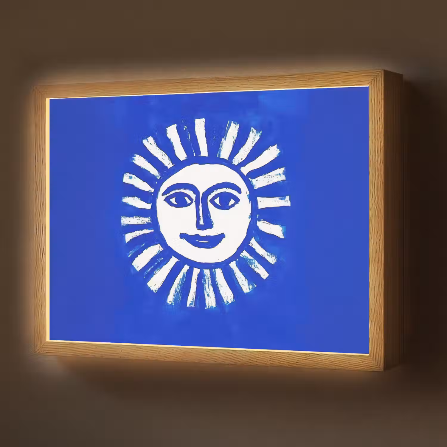 Zon - Gezicht - Penseelstructuur - Blauw Light Box met batterij (Wandlamp) middel -z3d_website