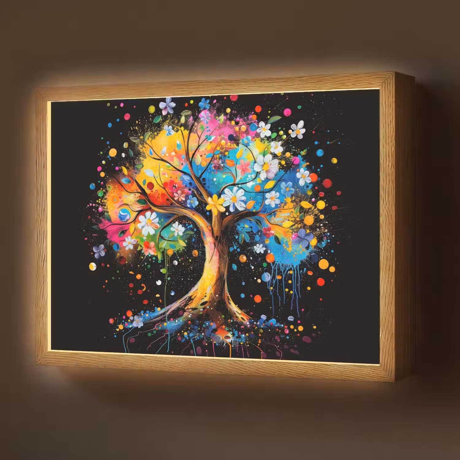 Boom - Kleurrijk - Bloemen - Zwart Light Box met batterij (Wandlamp) middel -z3d_website