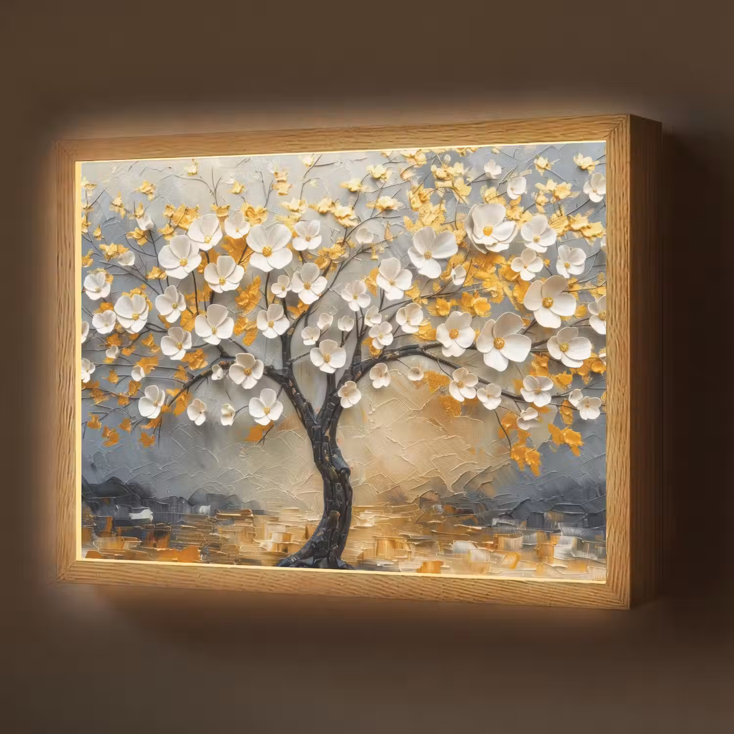 Boom - Bloemen - Goud - Beige Light Box met batterij (Wandlamp) middel -z3d_website