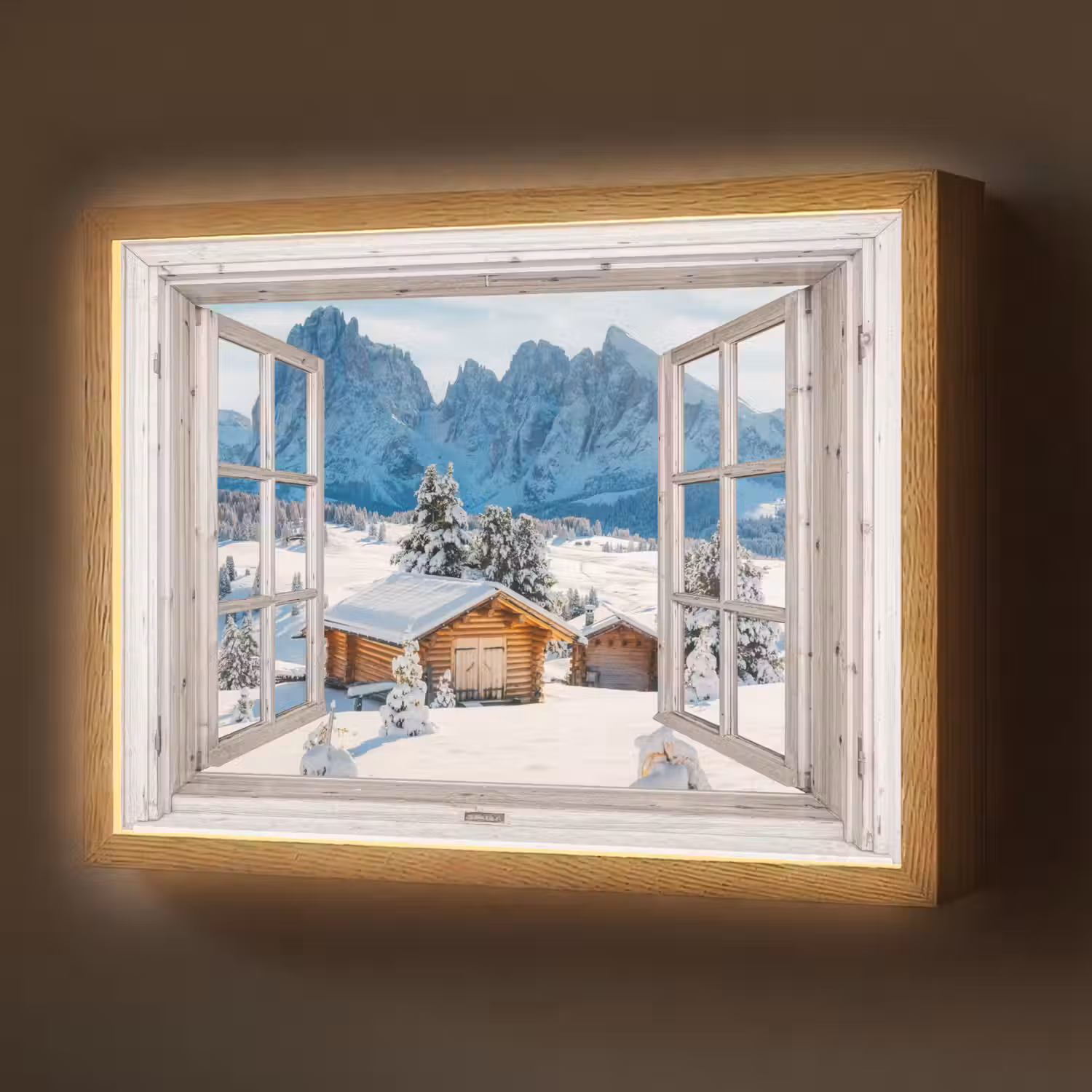 Winterlandschap - Huisje - Bergen - Uitzicht - Doorkijk - Natuur Light Box met batterij (Wandlamp) middel -z3d_website