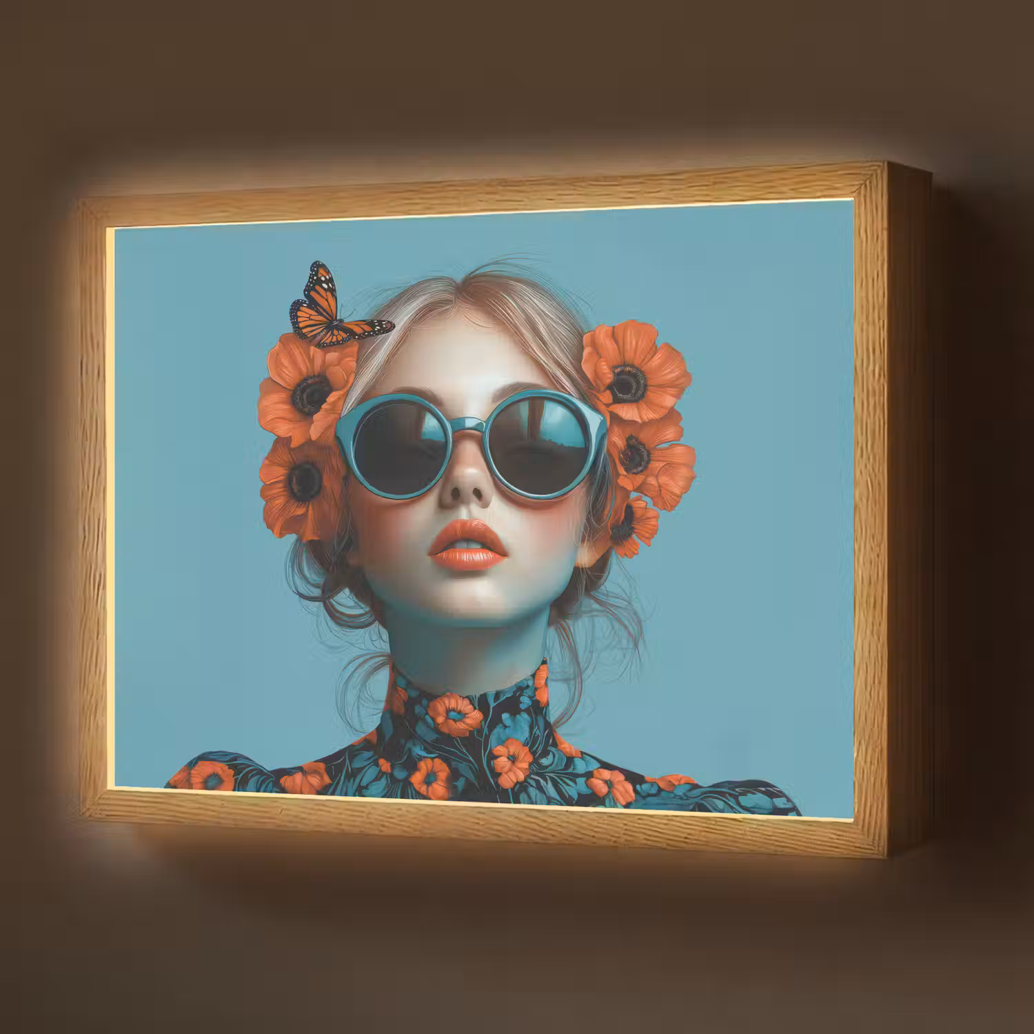 Vrouw - Blauw - Vlinder - Bloemen - Aesthetic Light Box met batterij (Wandlamp) middel -z3d_website