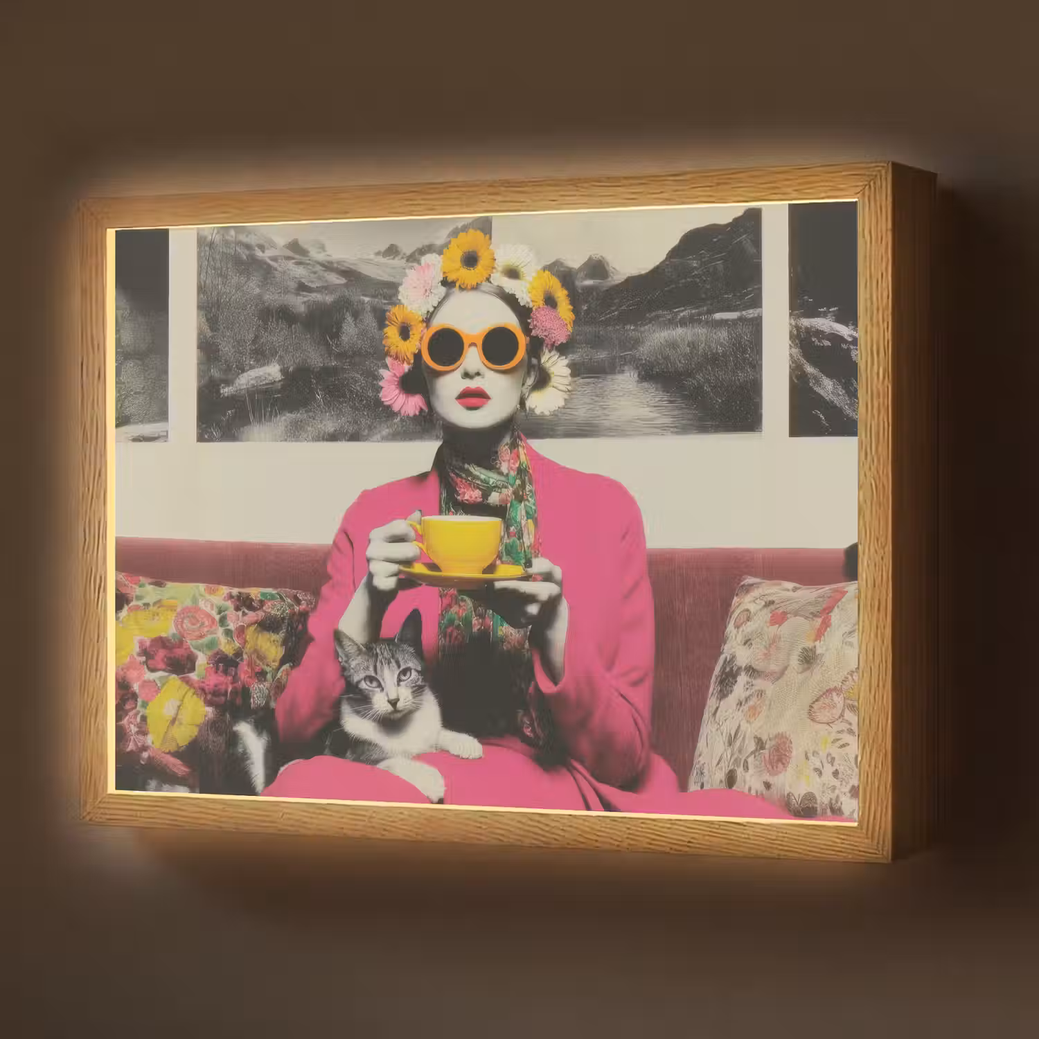 Vrouw - Kat - Bloemen - Kopje - Retro Light Box met batterij (Wandlamp) middel -z3d_website