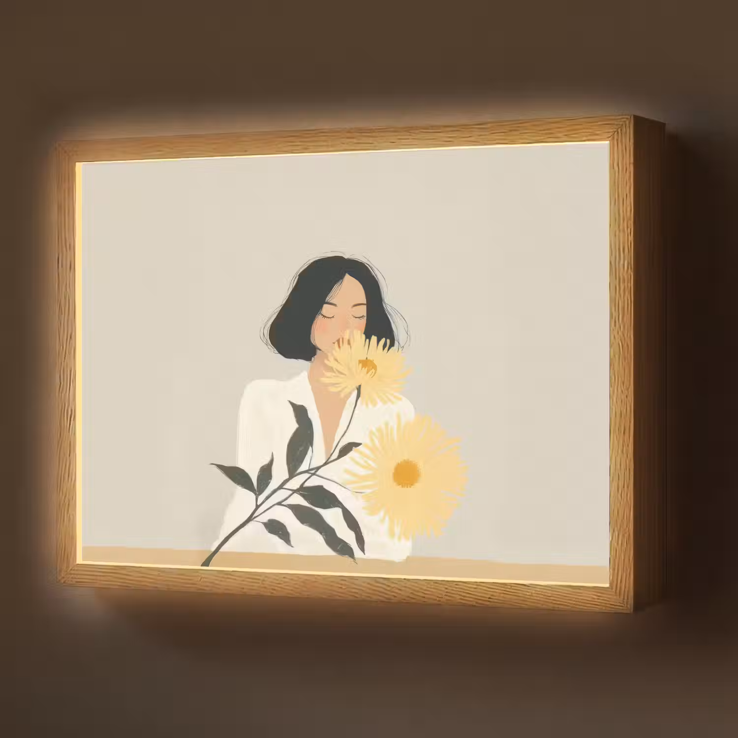 Vrouw - Bloem - Geel - Minimalistisch Light Box met batterij (Wandlamp) middel -z3d_website