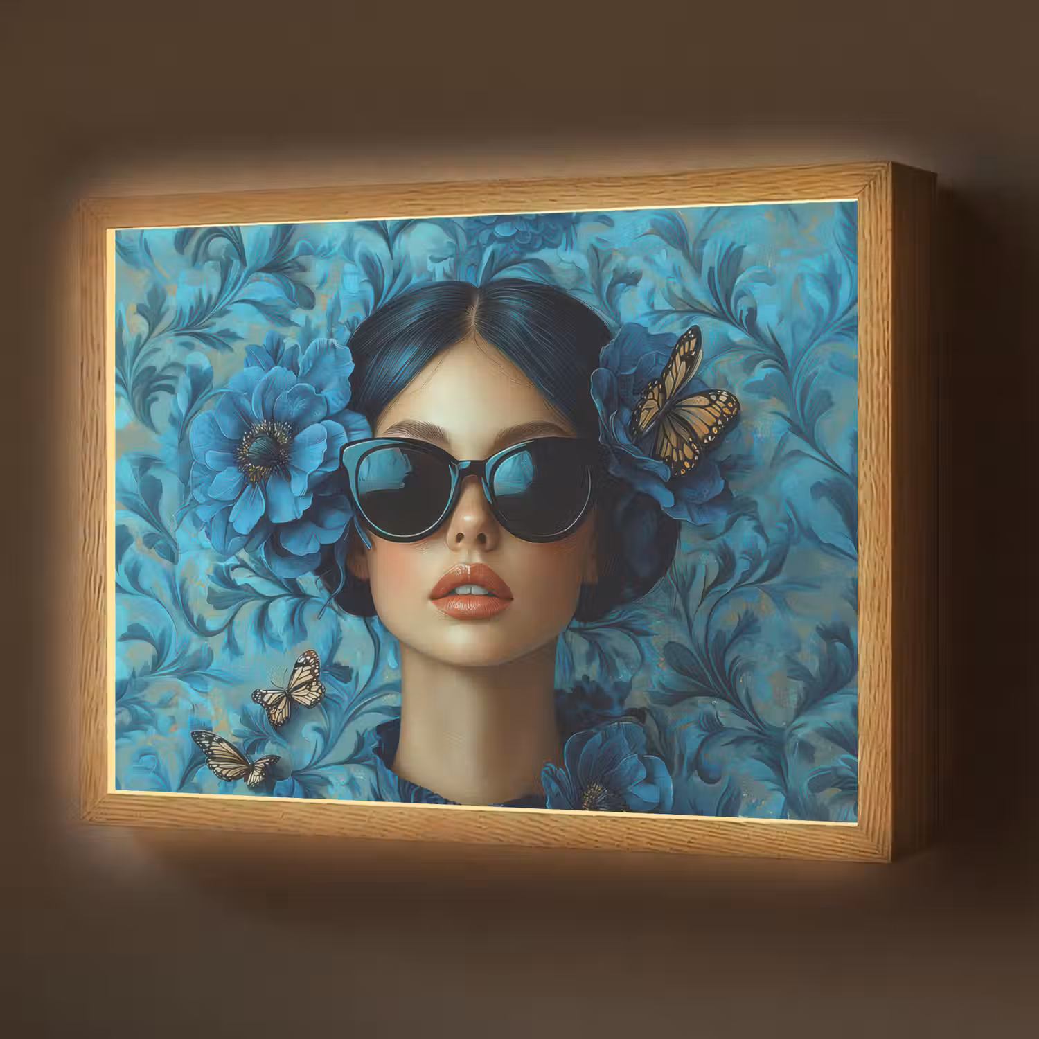Vrouw - Bloemen - Vlinders - Blauw - Abstract Light Box met batterij (Wandlamp) middel -z3d_website