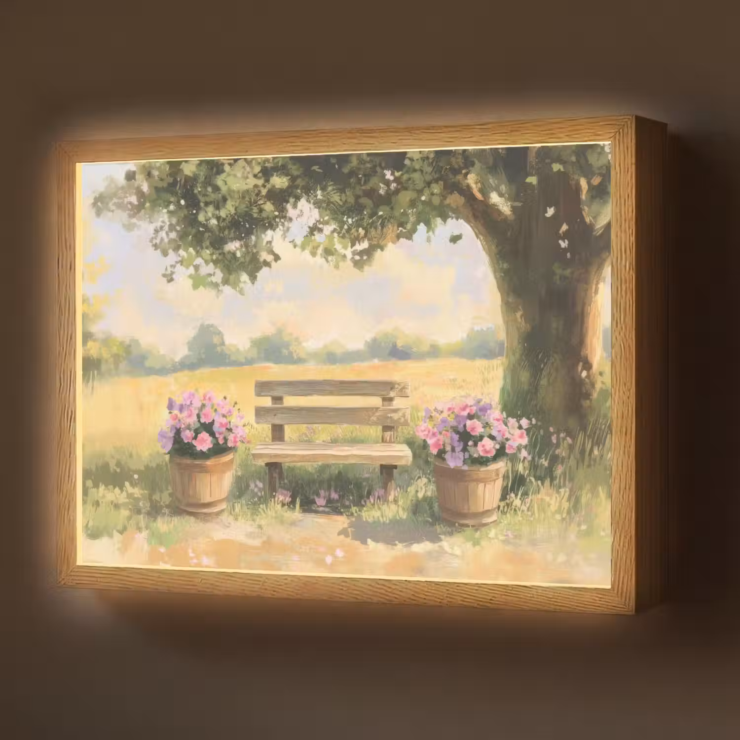 Houten bankje - Bloempotten - Landschap Light Box met batterij (Wandlamp) middel -z3d_website
