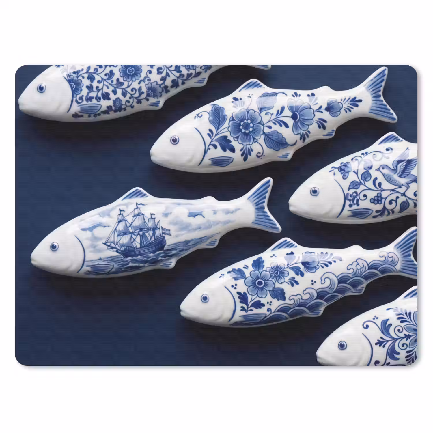 Vissen - Delfts - Blauw - Keramiek muismat rubber klein -3d