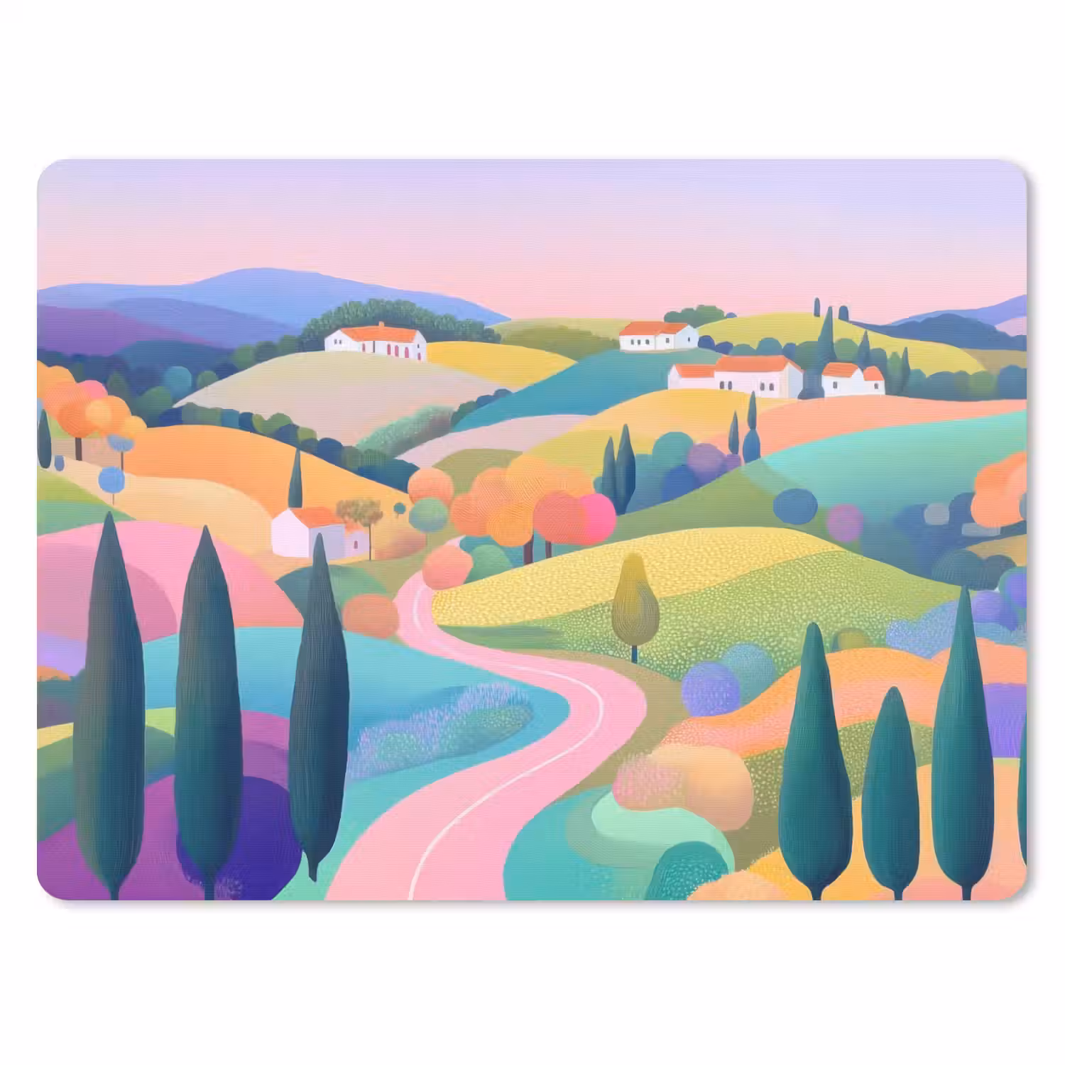 Landschap - Paars - Pastel - Huizen muismat rubber klein -3d