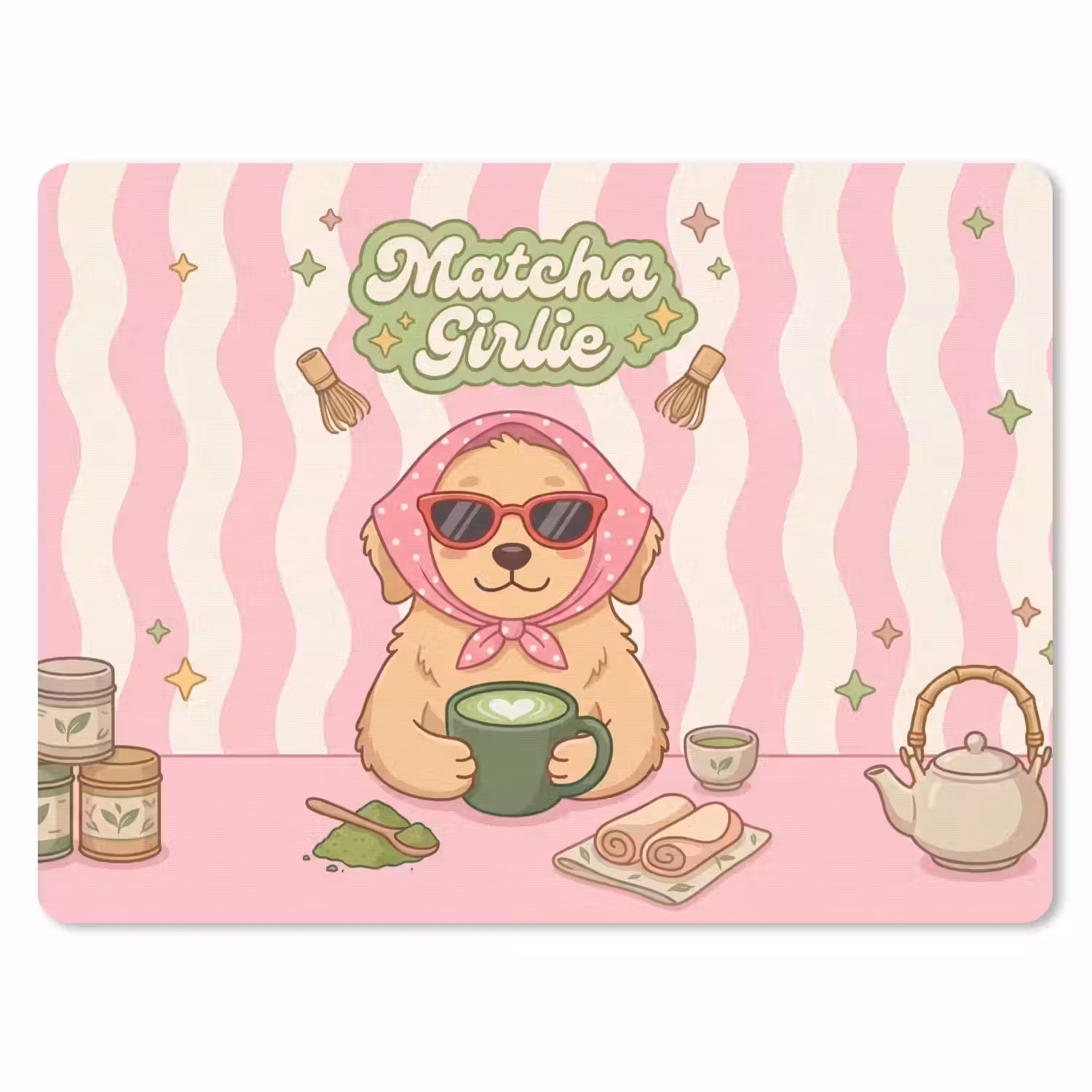 Matcha - Hond - Roze - Groen muismat rubber klein -3d