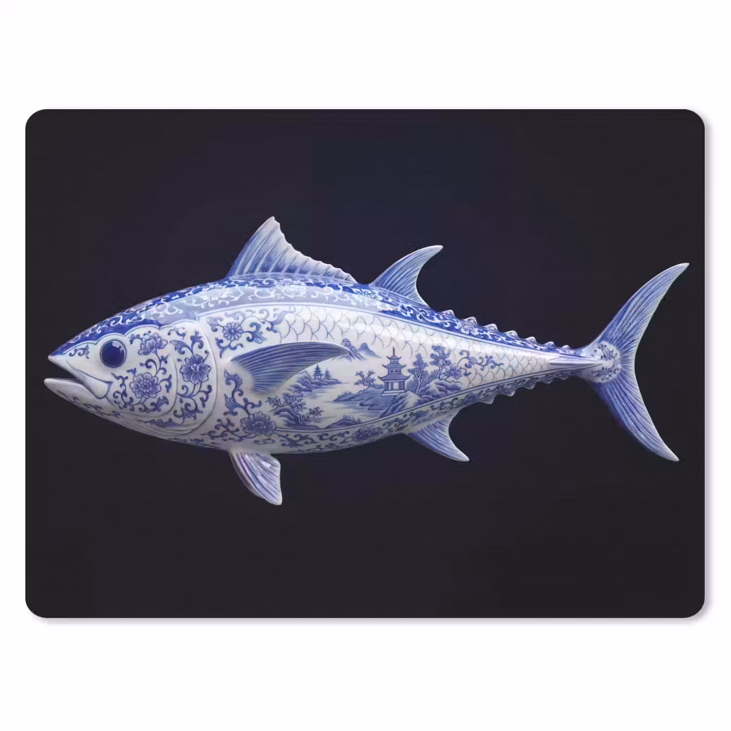 Porselein - Tonijn - Delfts - Blauw muismat rubber klein -3d
