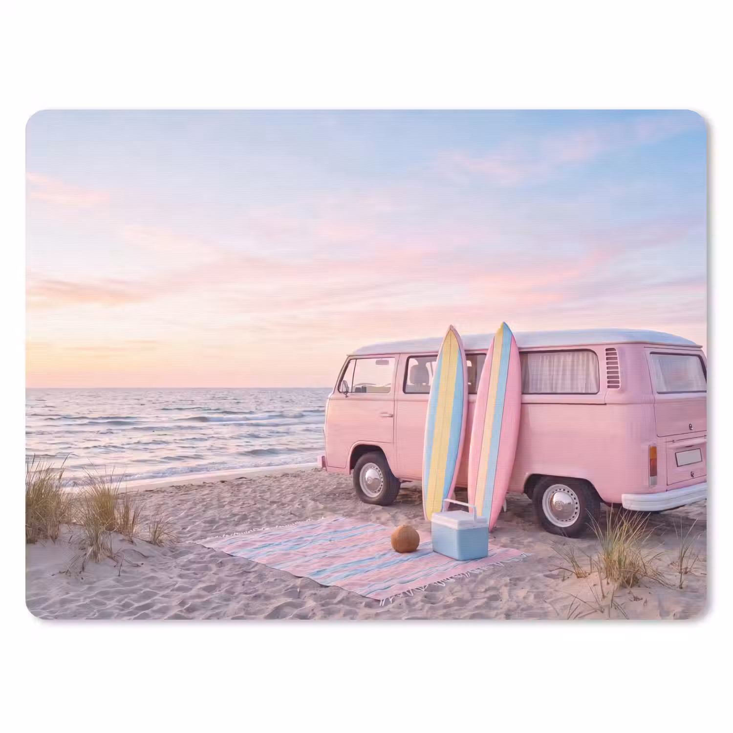 Busje - Strand - Surfplank - Zomer - Roze muismat rubber klein -3d
