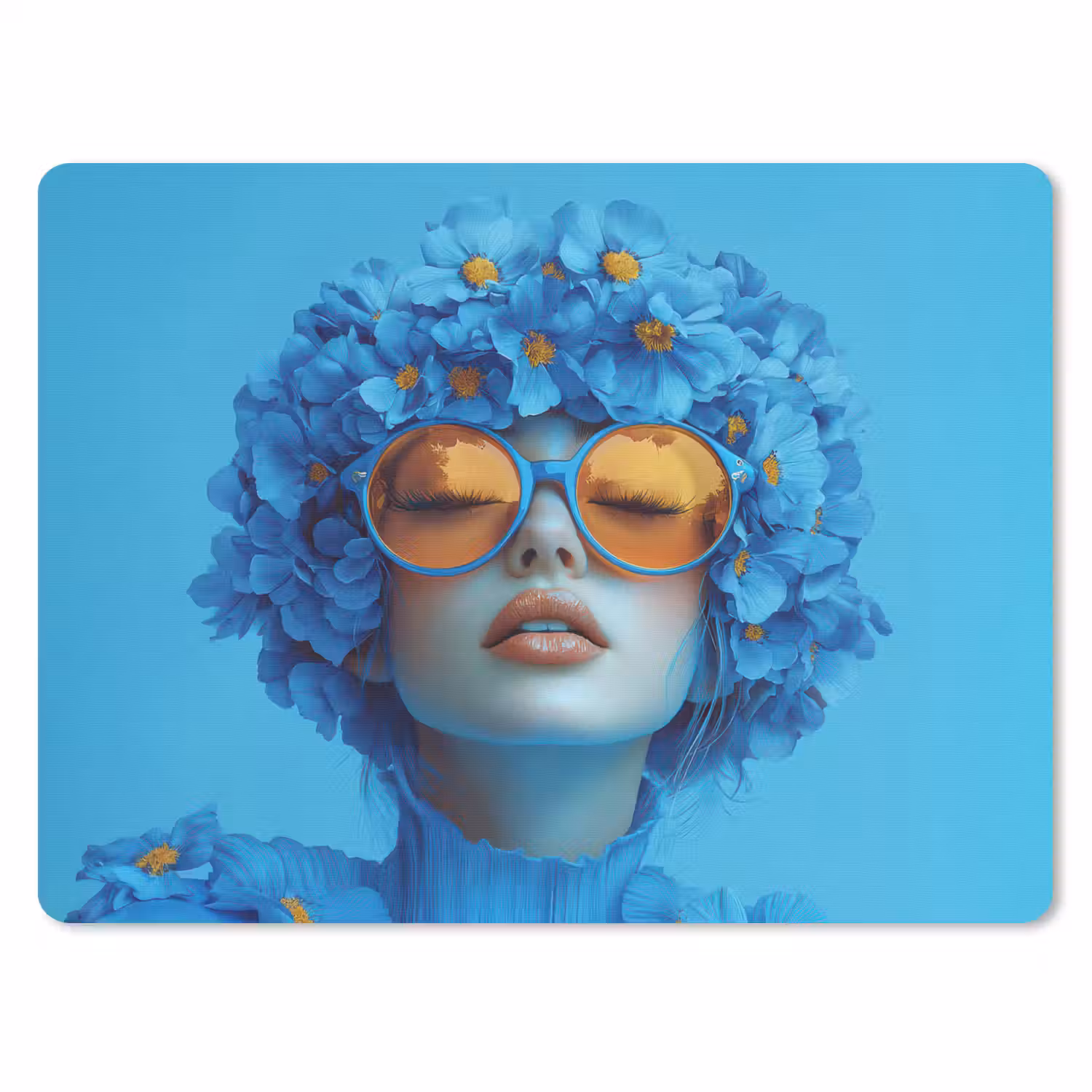 Vrouw - Bloem - Blauw - Modern - Bril - Portret muismat rubber klein -3d