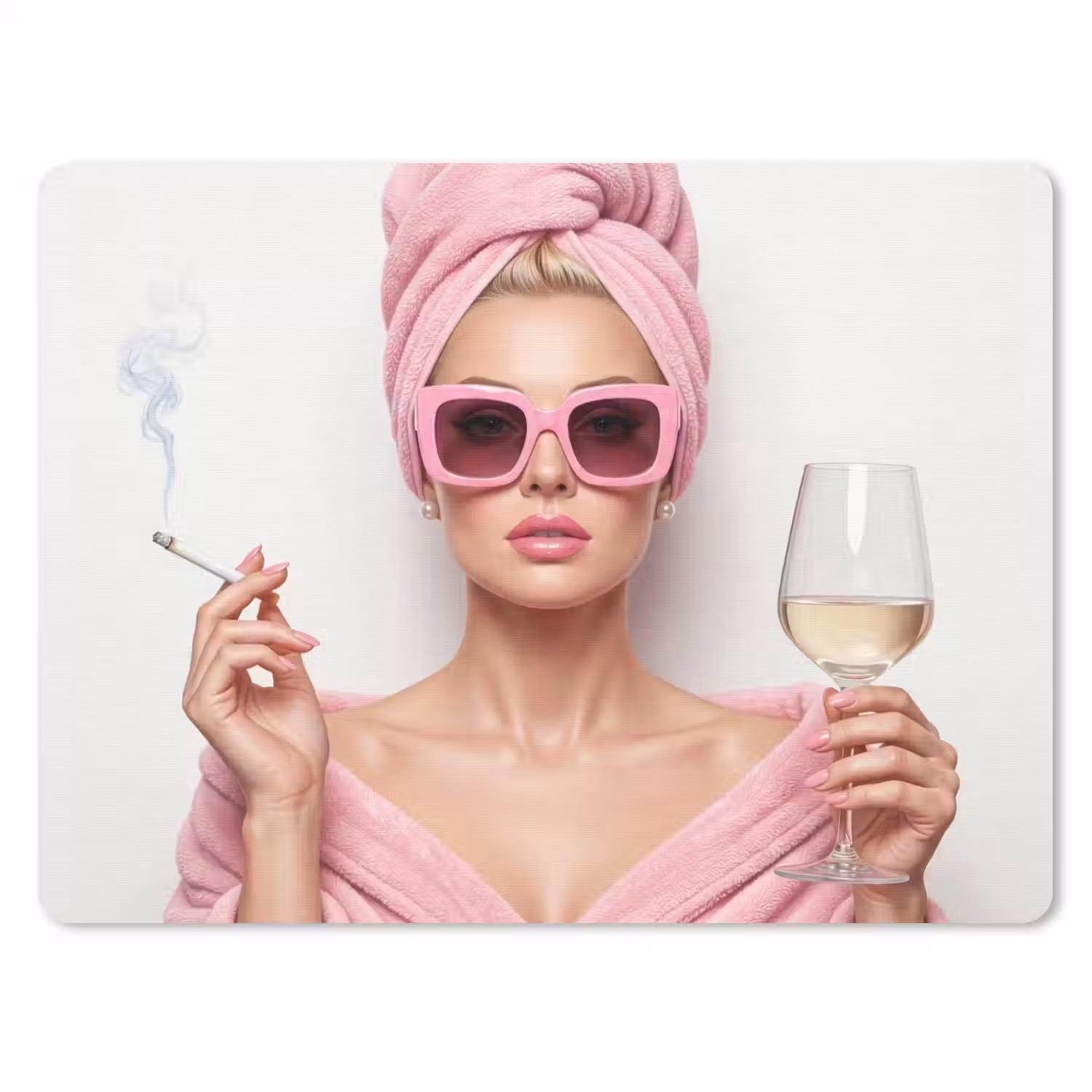 Vrouw - Roze - Wijn - Zonnebril muismat rubber klein -3d
