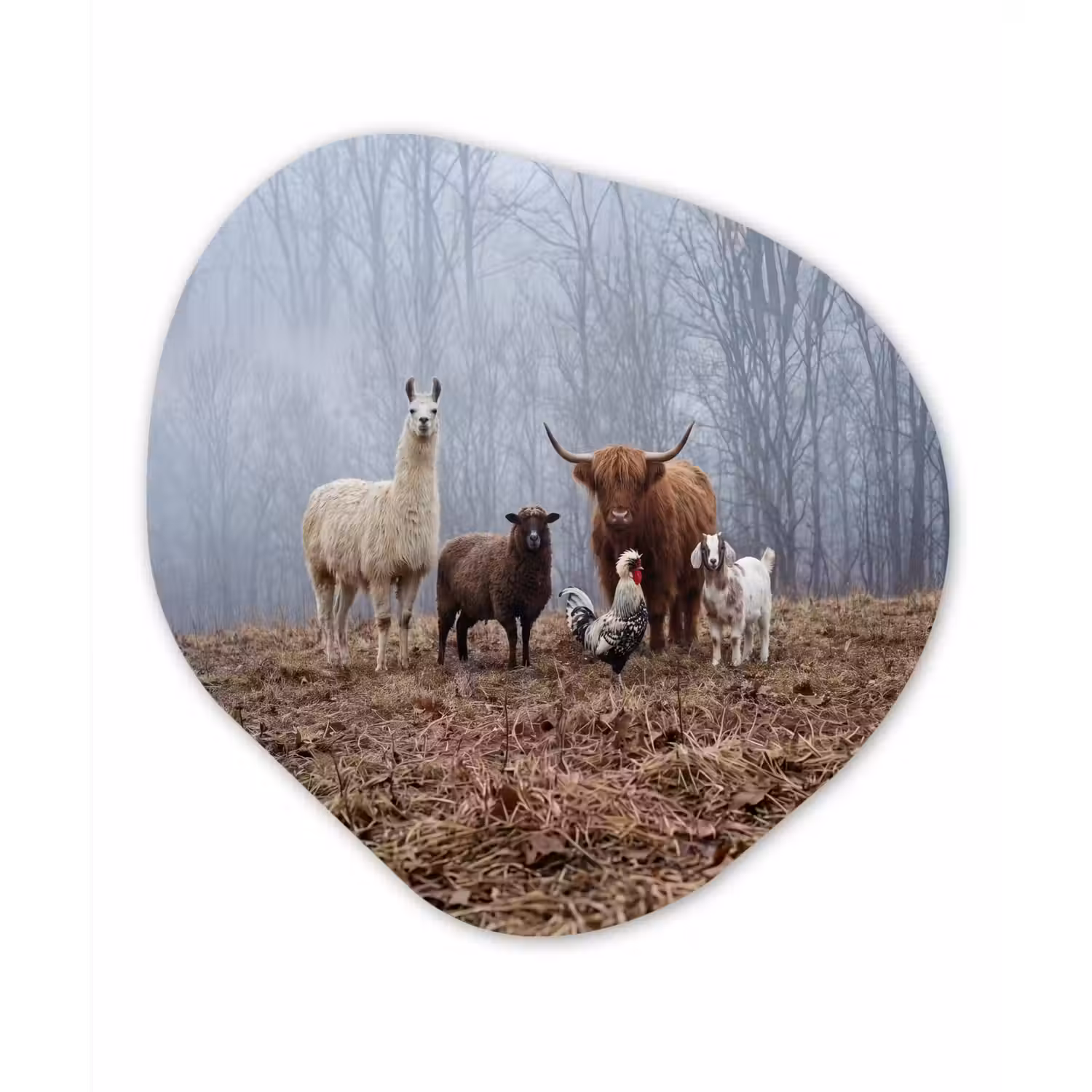 Boerderijdieren - Groep - Mist - Natuur - Rustiek Wandcirkel Organisch Forex 3mm klein -3d