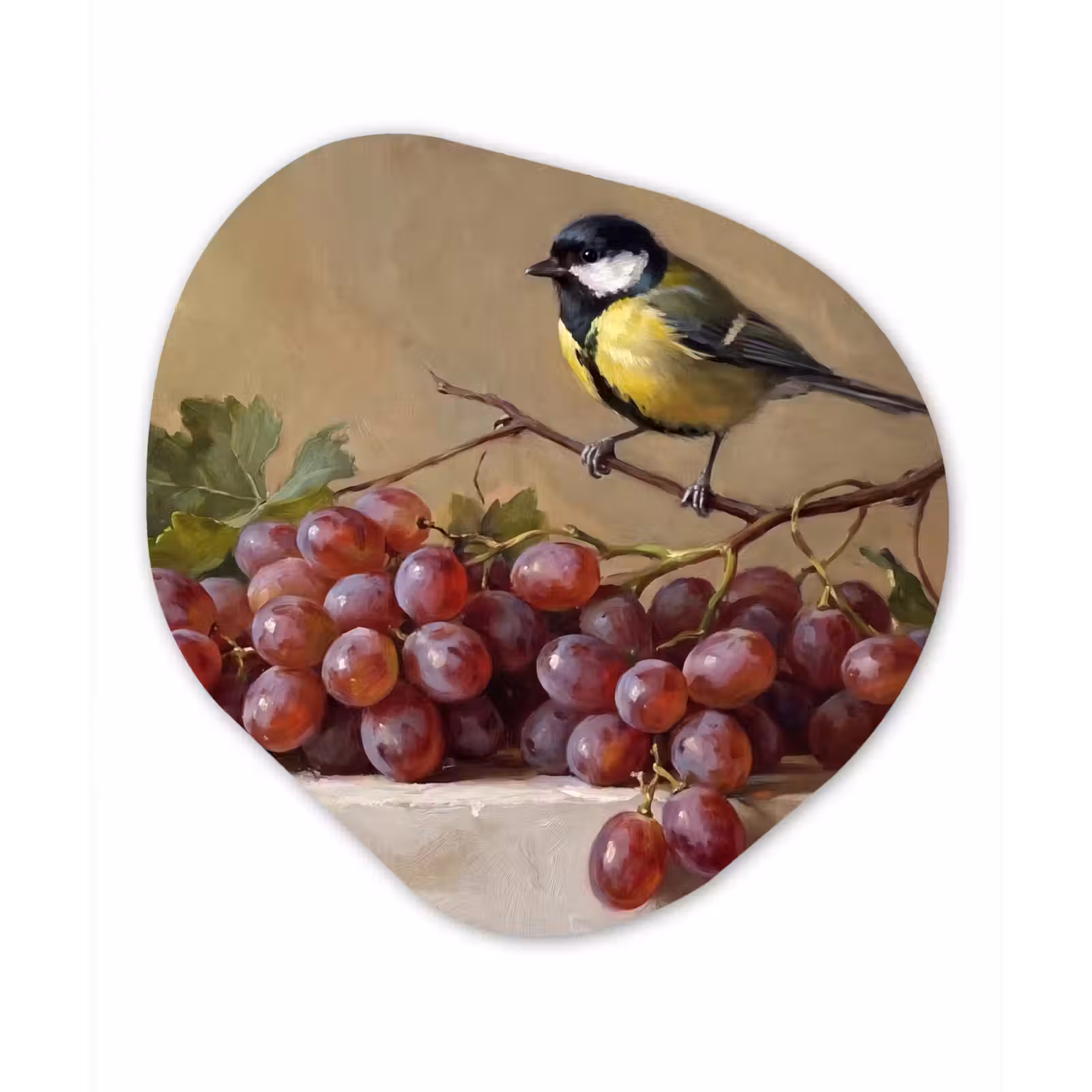 Organic painting - Aluminum -. Bird - Grapes - Still Life - Vogel - Druiven - Stilleven Wandcirkel Organisch Aluminium middel