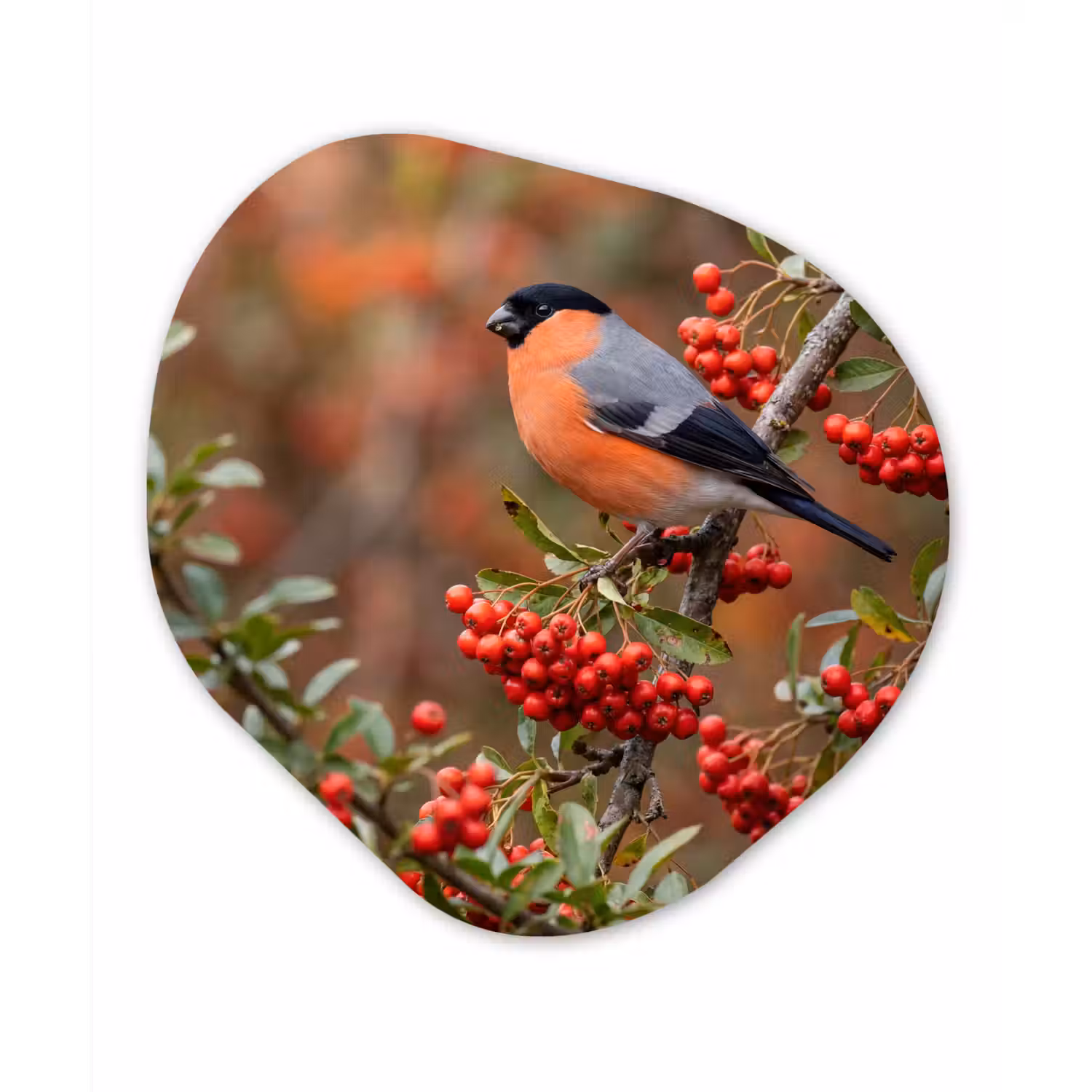 Goudvink - Bessen - Herfst - Natuur - Kleurrijk Wandcirkel Organisch Aluminium middel -3d