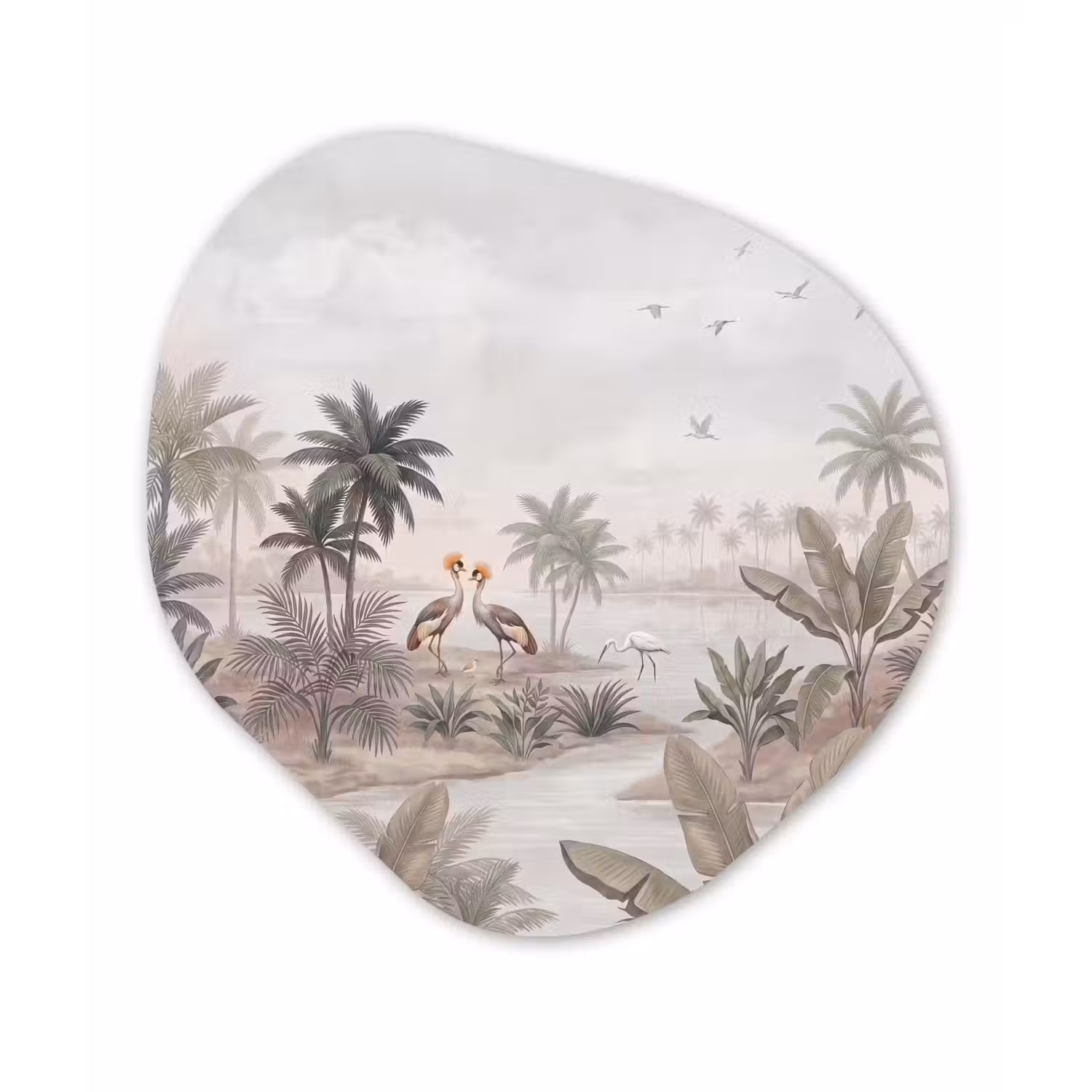 Kraanvogels - Palmbomen - Tropisch Wandcirkel Organisch Aluminium middel -3d