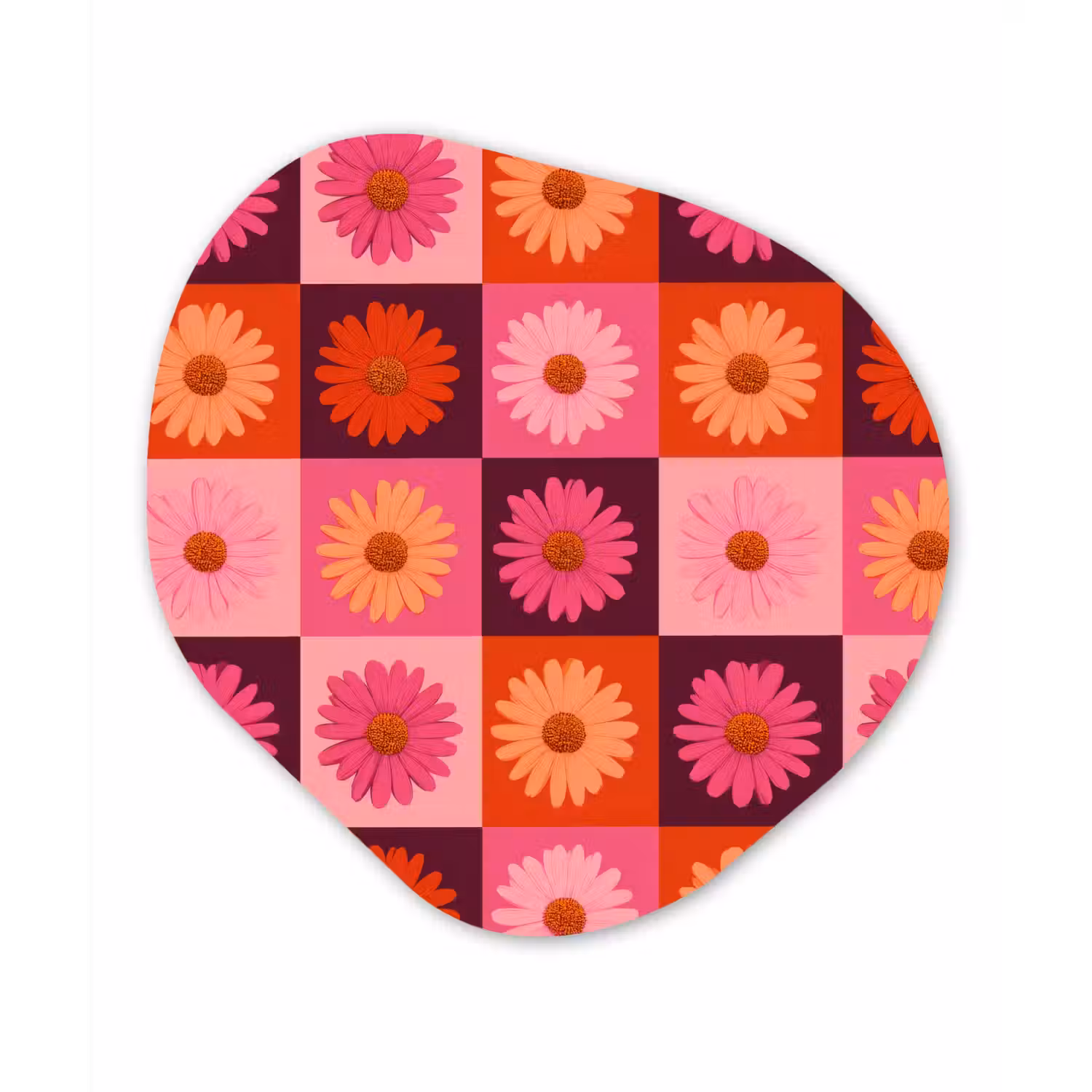 Madeliefjes - Dambord - Retro - Roze - Oranje Wandcirkel Organisch Aluminium middel 851 -3d