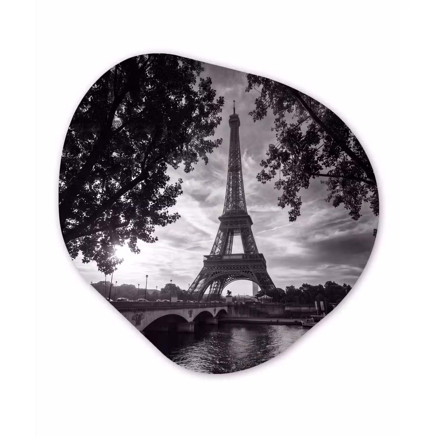 Eiffeltoren - Parijs - Rivier - Architectuur - Zwart-wit Wandcirkel Organisch Aluminium middel -3d