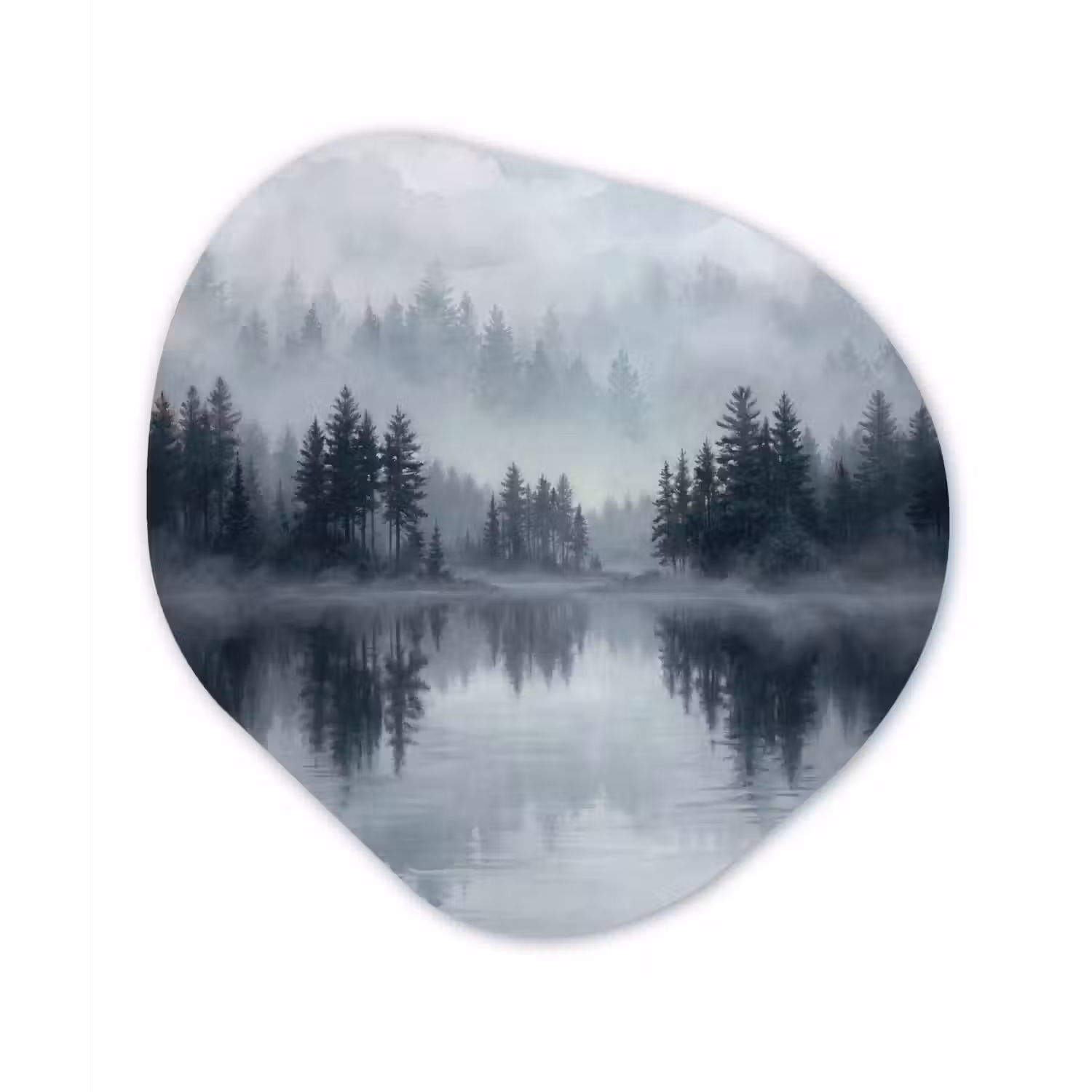 Bos - Meer - Mist - Natuur - Grijs Wandcirkel Organisch Aluminium middel -3d