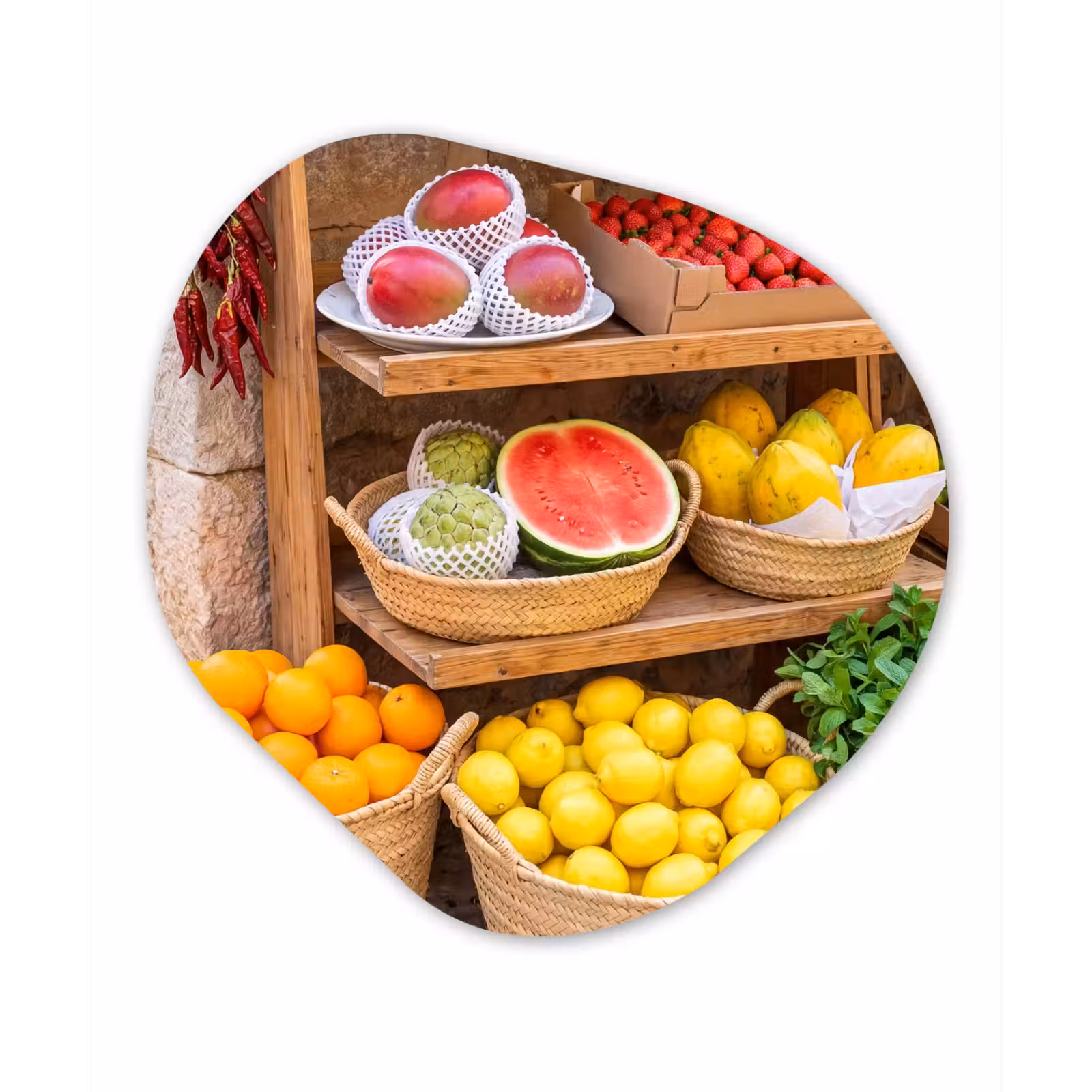 Organic painting - Aluminum -. Fruit - Market - Fresh - Fruit - Markt - Vers Wandcirkel Organisch Aluminium middel
