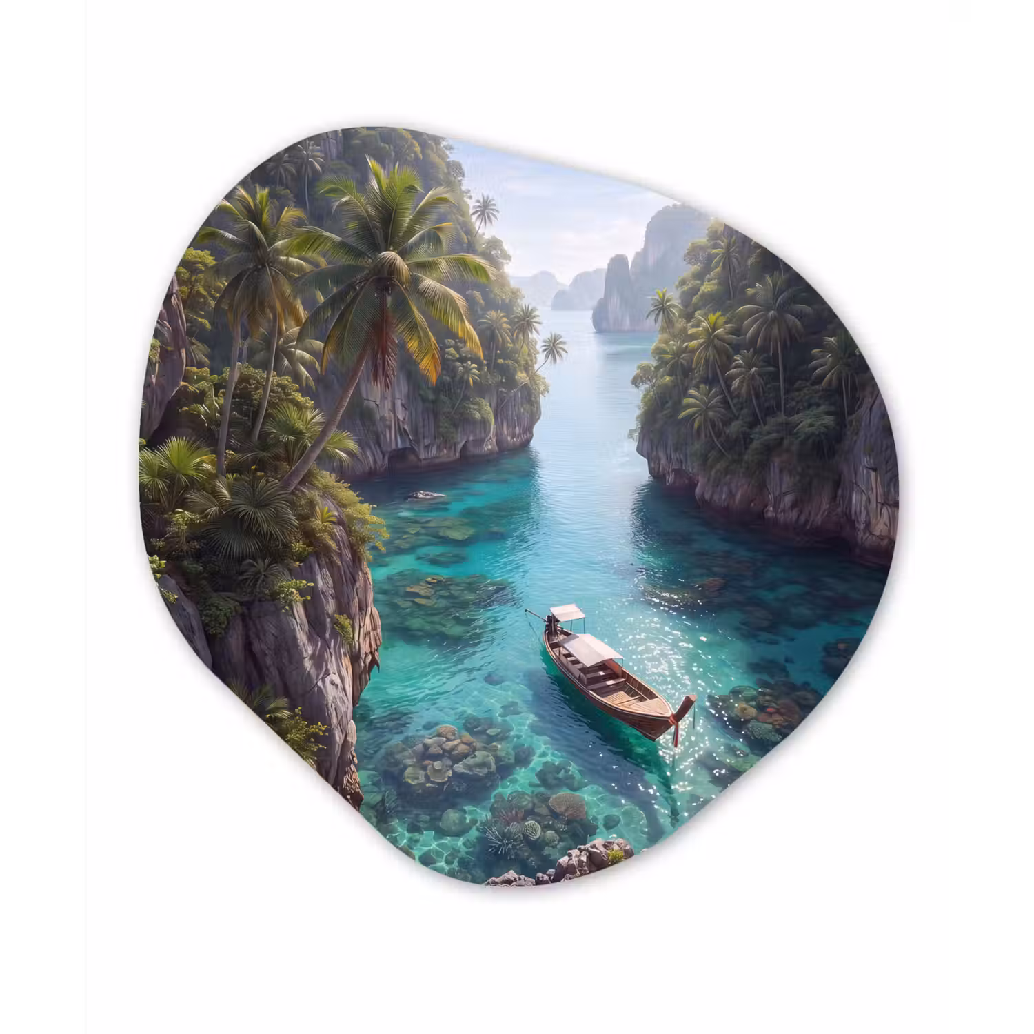 Eiland - Tropisch - Water - Palmbomen - Natuur Wandcirkel Organisch Aluminium middel -3d