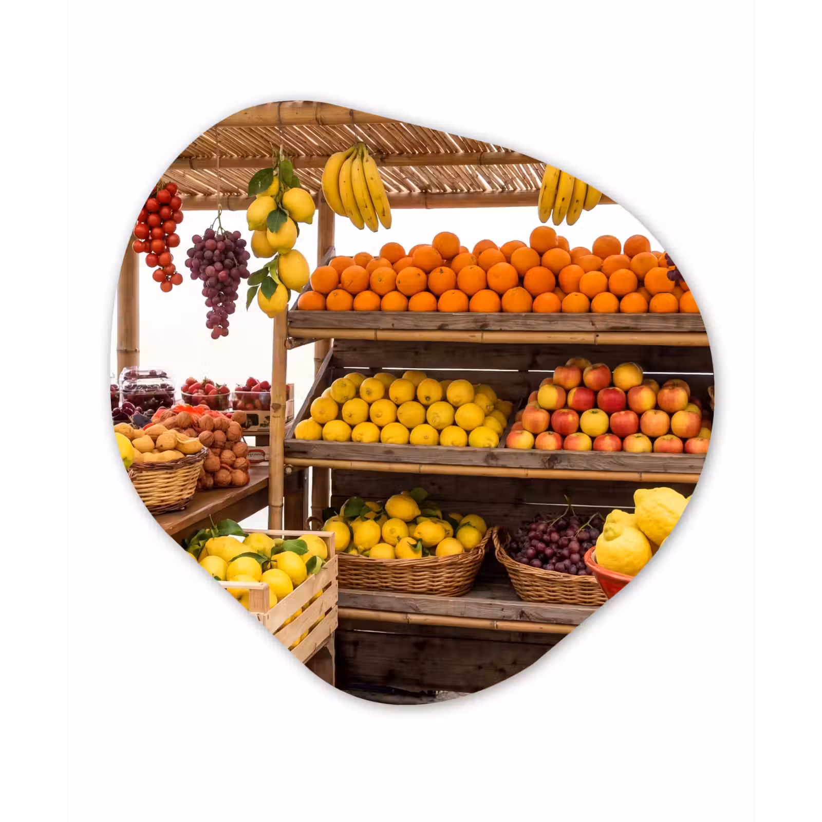 Organic painting - Aluminum -. Market Stall - Fruit - Fresh - Marktkraam - Fruit - Vers Wandcirkel Organisch Aluminium middel