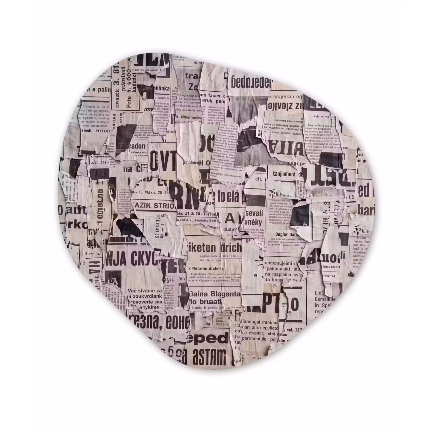 Krant - Gescheurd - Textuur - Abstract - Zwart-wit Wandcirkel Organisch Aluminium middel -3d