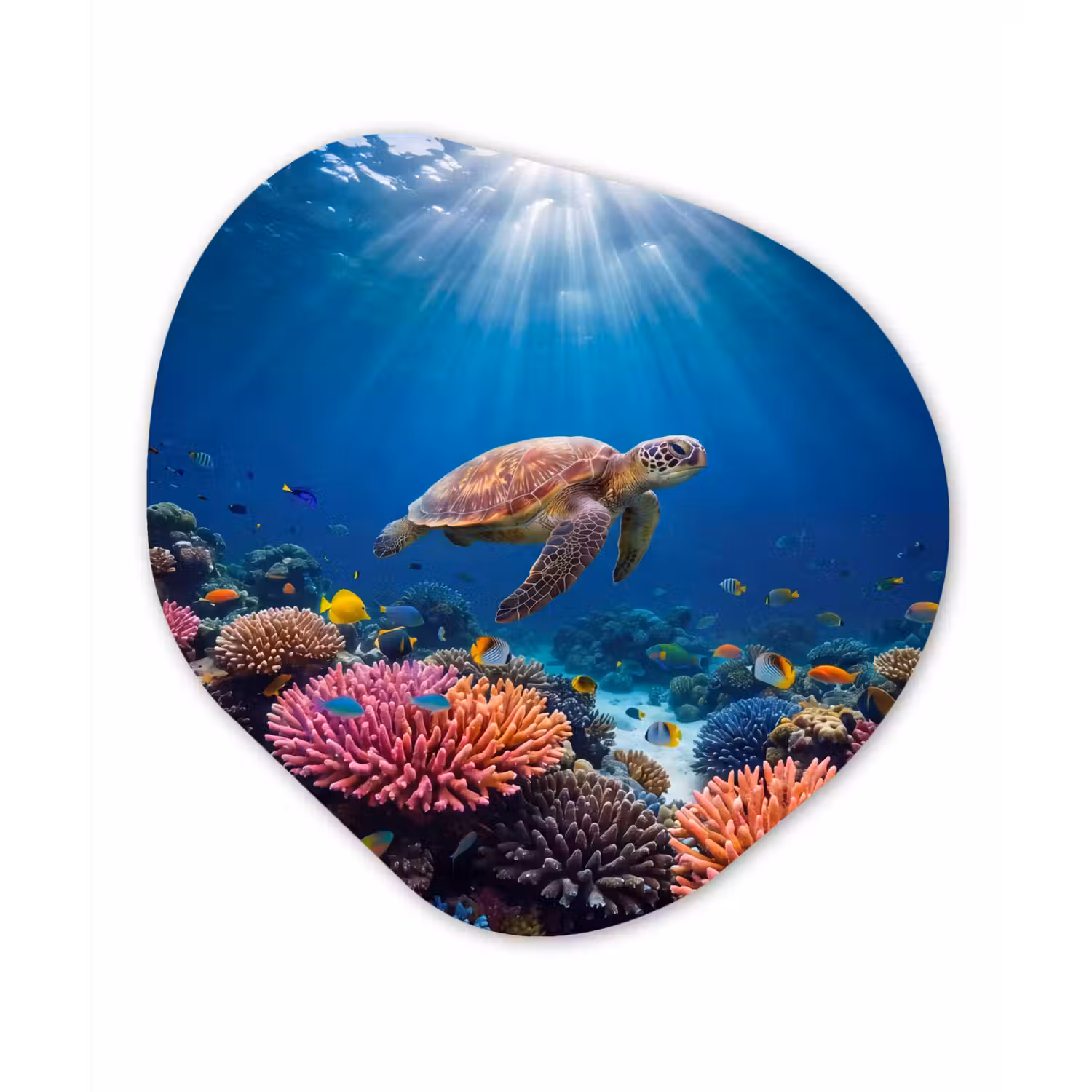 Schildpad - Koraalrif - Oceaan - Dieren - Blauw Wandcirkel Organisch Aluminium middel -3d