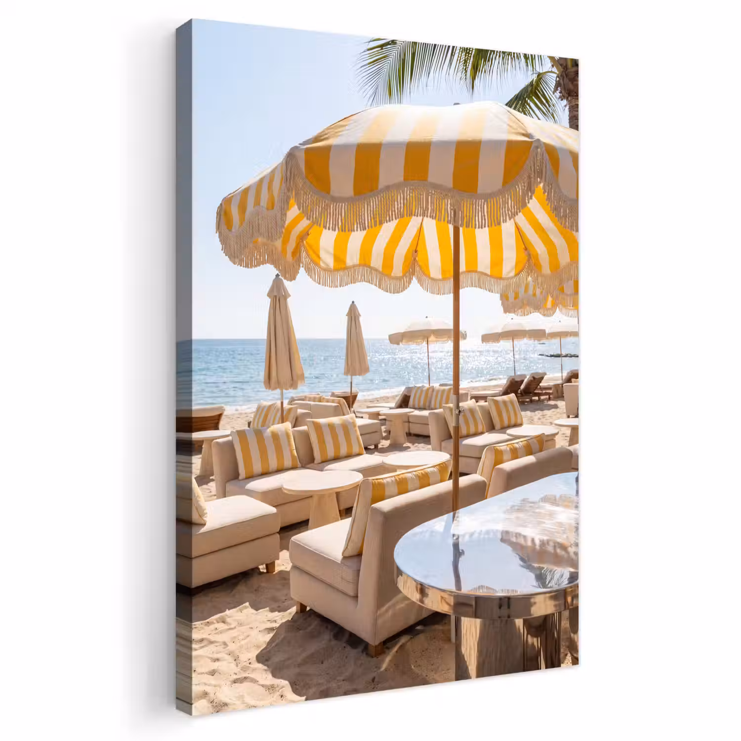 Strand - Ligbedden - Vakantie - Modern - Geel Tuinposter op houten frame 2 cm dik klein -3d
