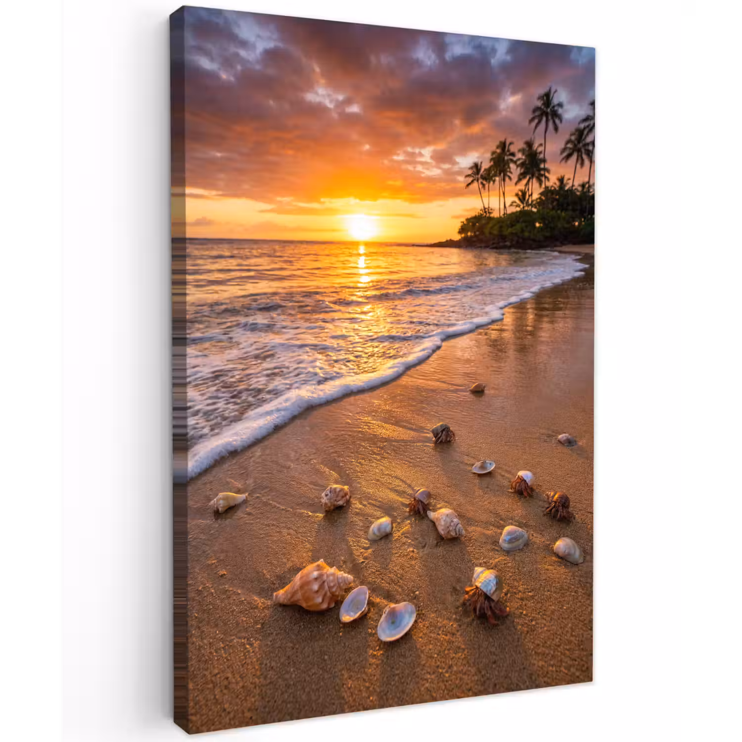 Strand - Zonsondergang - Palmbomen - Natuur - Oranje Tuinposter op houten frame 2 cm dik klein -3d