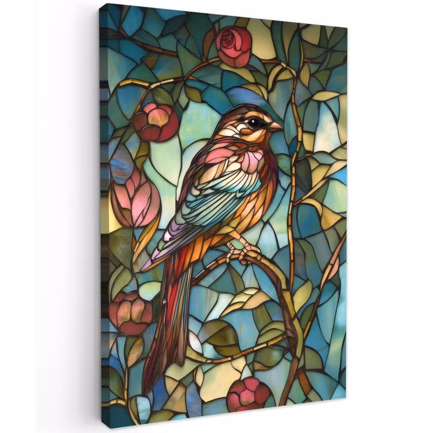 Vogel - Tak - Rozen - Mozaïek Tuinposter op houten frame 2 cm dik klein -3d