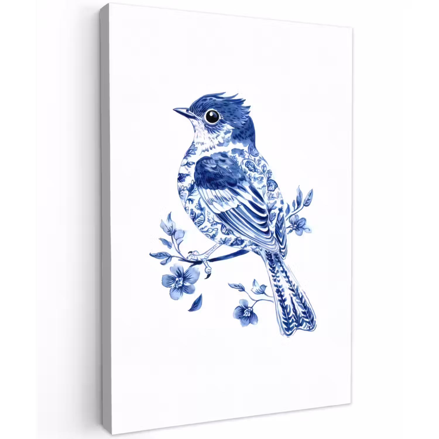 Vogel - Delfts blauw - Illustratie - Bloemen Tuinposter op houten frame 2 cm dik klein -3d