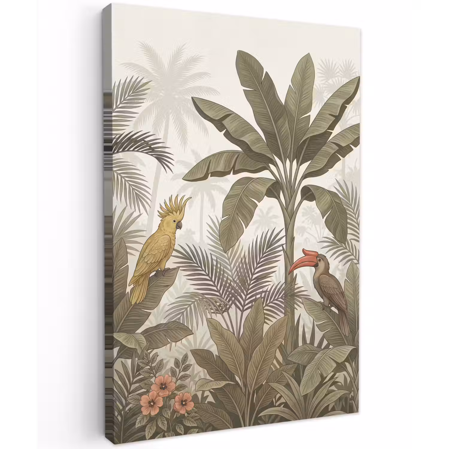 Vogel - Jungle - Tropisch - Illustratie - Groen Tuinposter op houten frame 2 cm dik klein -3d