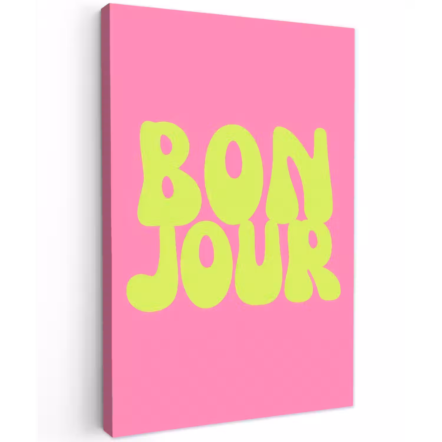 Bonjour - Roze - Fel groen Tuinposter op houten frame 2 cm dik klein -3d