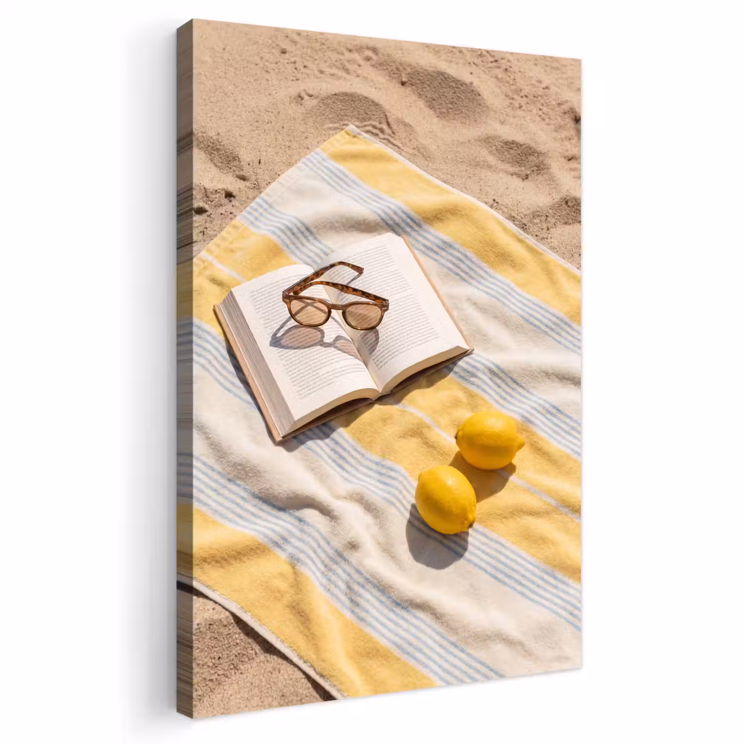 Boek - Zonnebril - Strand - Zomer - Geel Tuinposter op houten frame 2 cm dik klein -3d