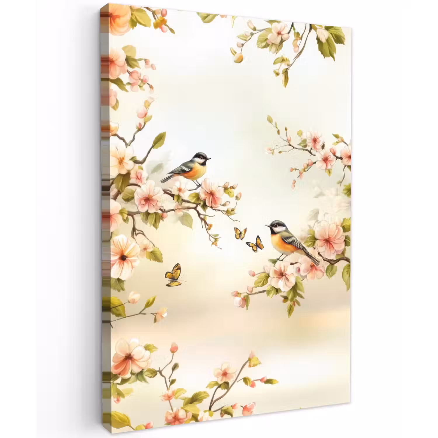 Takken - Bloemen - Vogeltjes - Roze Tuinposter op houten frame 2 cm dik klein -3d