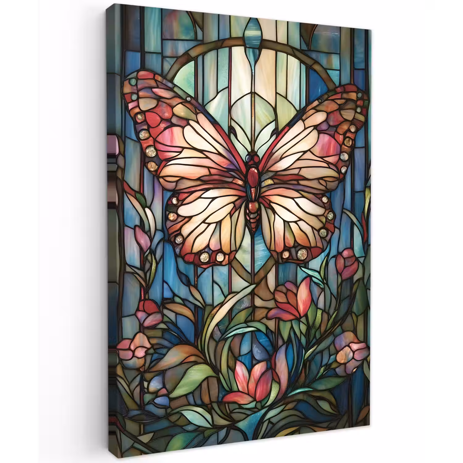 Vlinder - Roze - Bloemen - Bladeren Tuinposter op houten frame 2 cm dik klein -3d