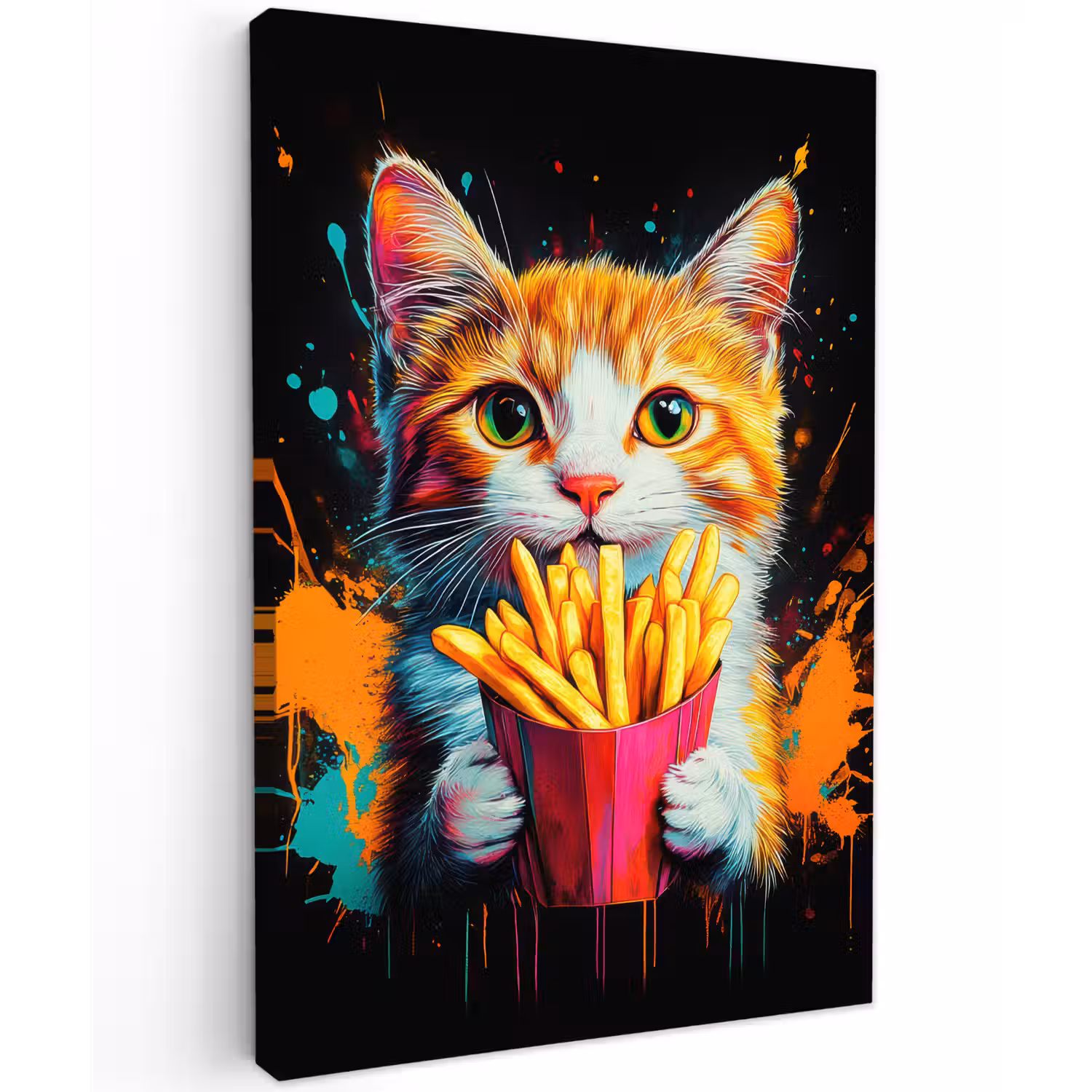 Kat - Eten - Patat - Graffiti - Abstract Tuinposter op houten frame 2 cm dik klein -3d