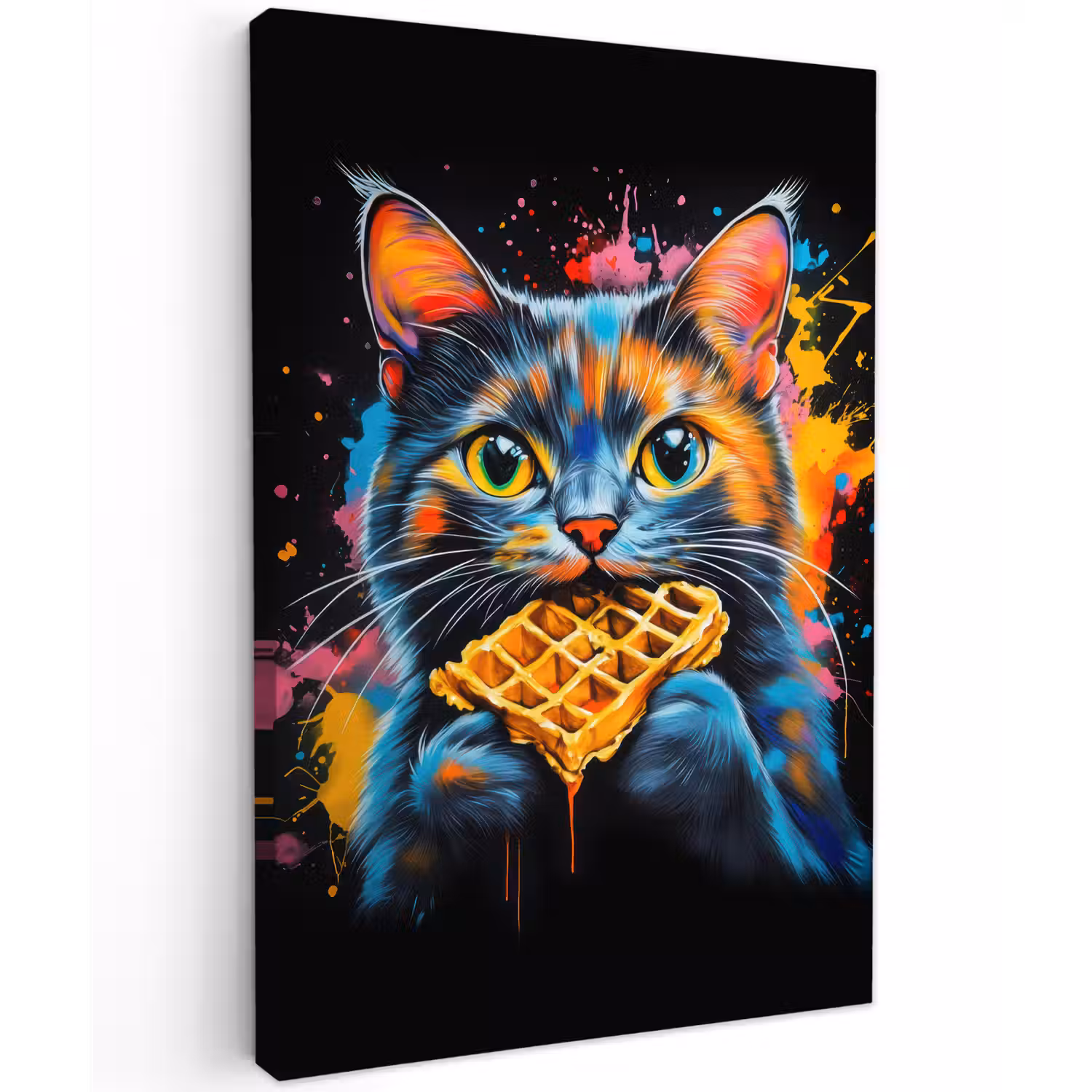 Kat - Graffiti - Kleurrijk - Wafel - Eten Tuinposter op houten frame 2 cm dik klein -3d