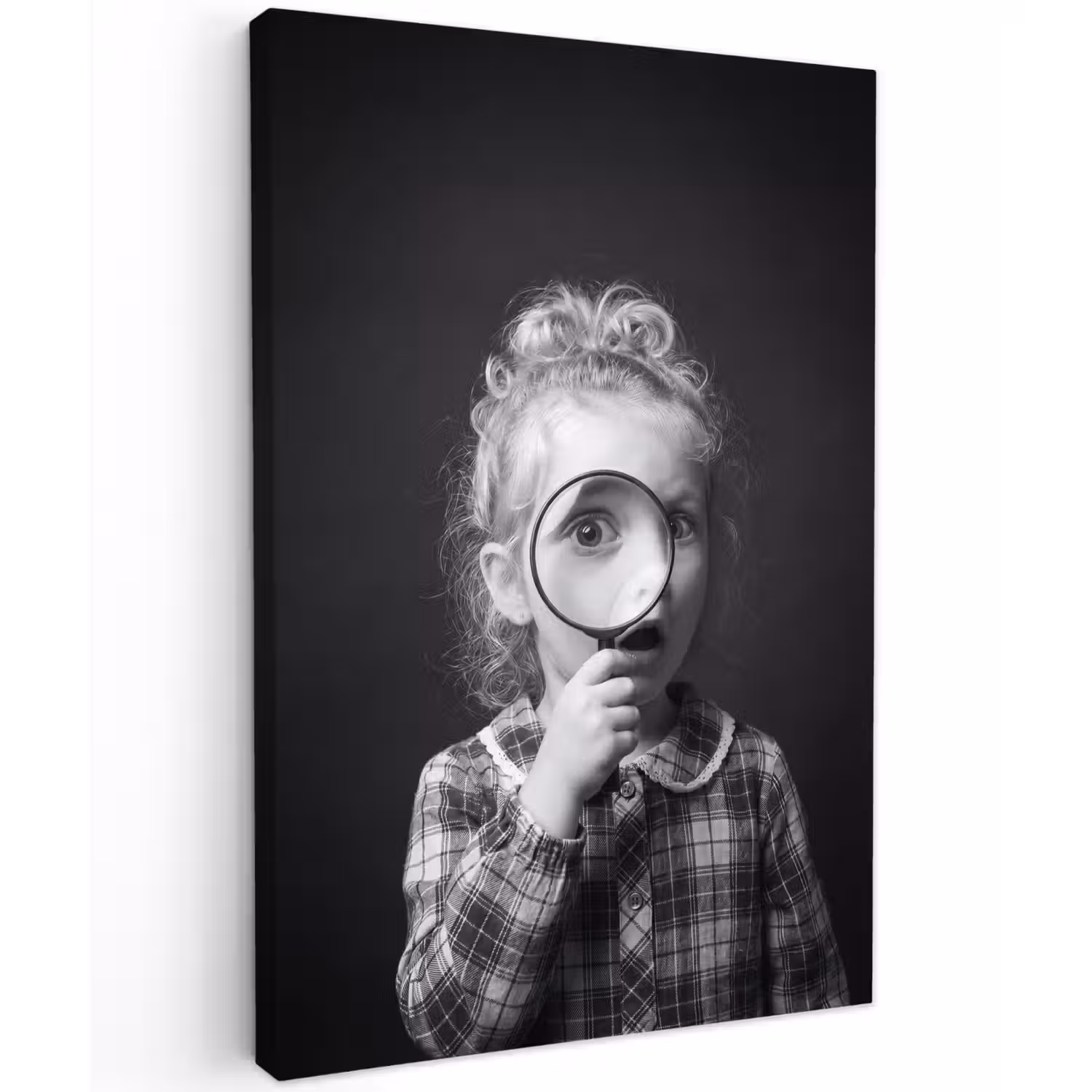 Kind - Vergrootglas - Portret - Zwart-wit Tuinposter op houten frame 2 cm dik klein -3d