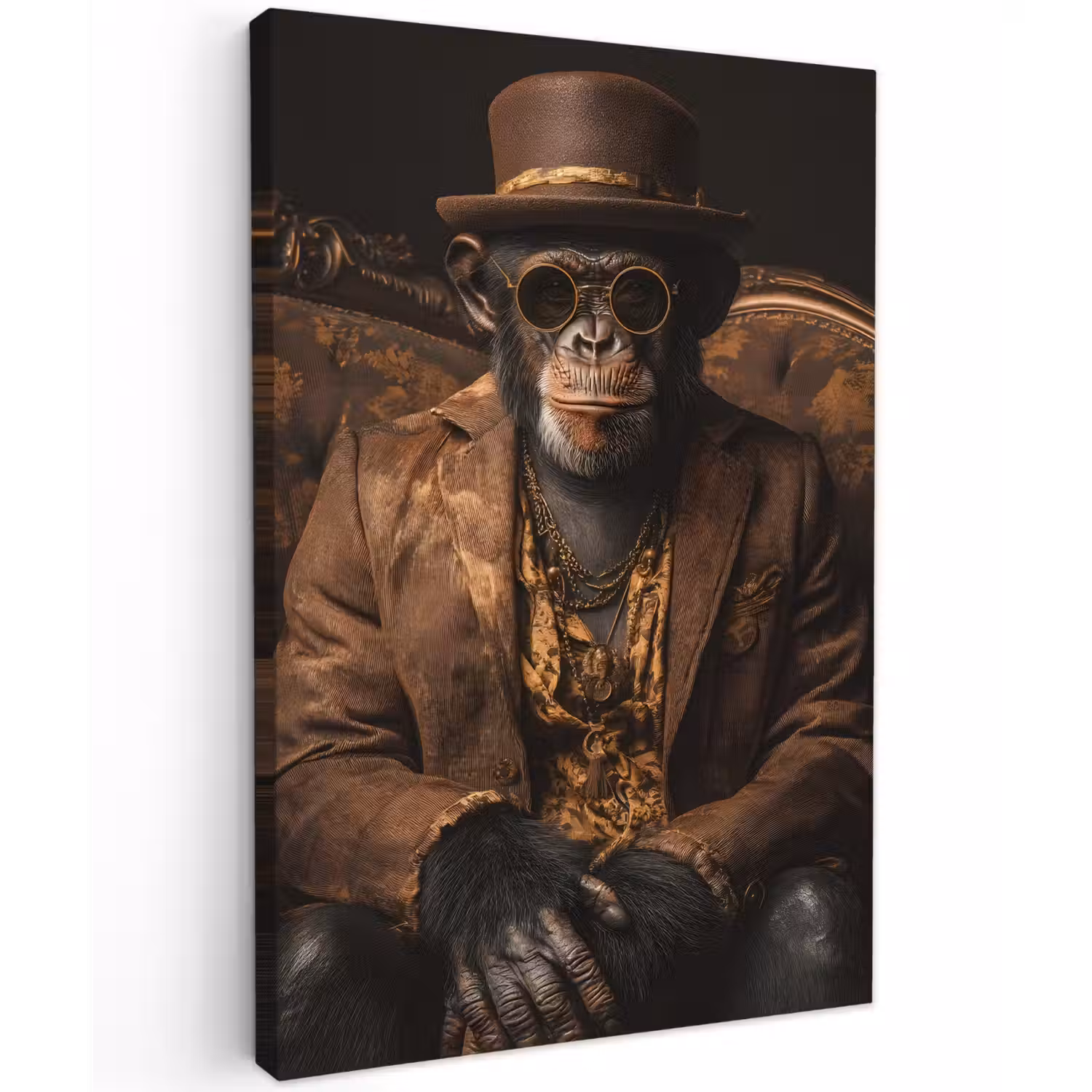Chimpansee - Stoel - Pak - Bruin Tuinposter op houten frame 2 cm dik klein -3d