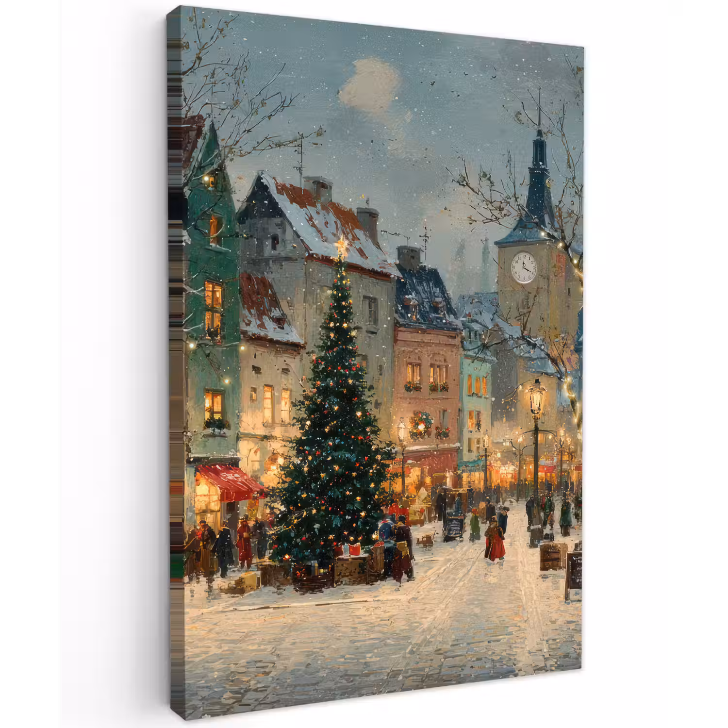 Kerstsfeer - Stadsplein - Kleurrijk Tuinposter op houten frame 2 cm dik klein -3d